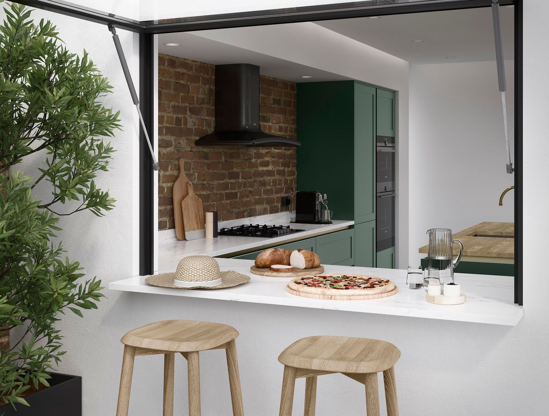 A kitchen with green cabinets and a brick wall, viewed through an open window with two wooden bar stools in front.