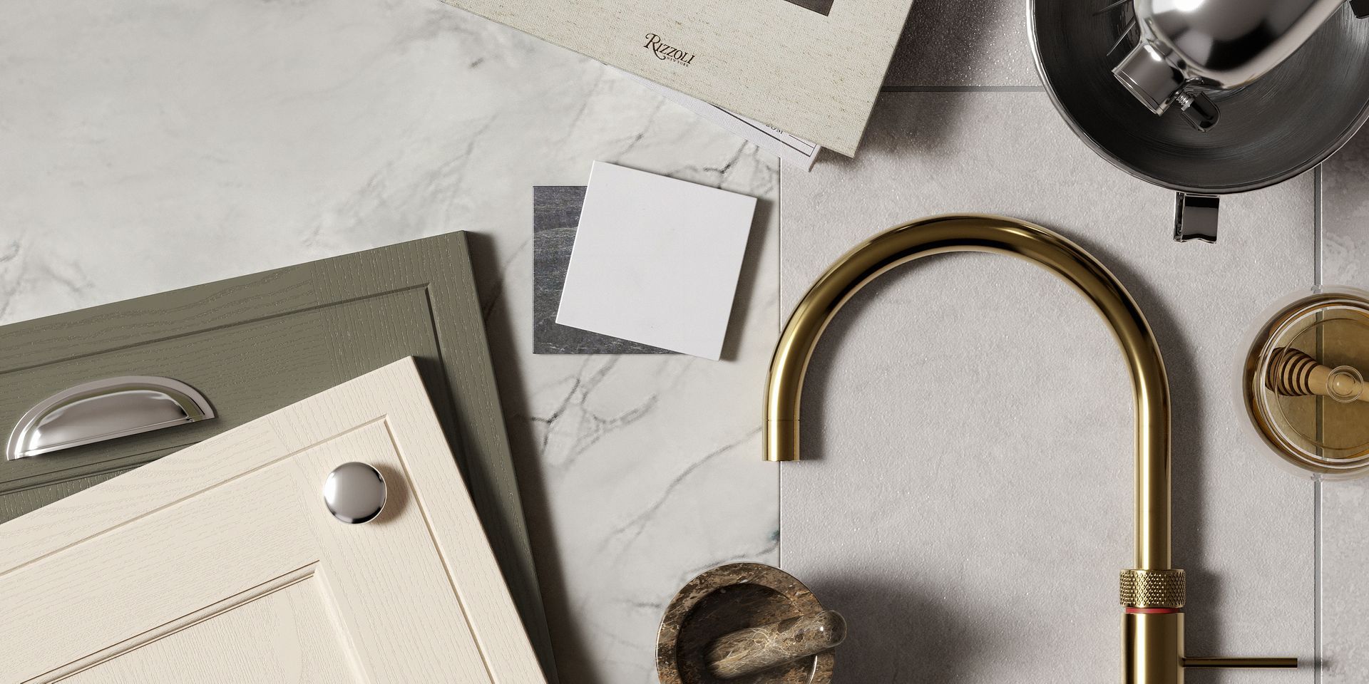 Flat lay of kitchen design samples: marble surface, cabinet panels, gold faucet, and tile squares on a grey background.