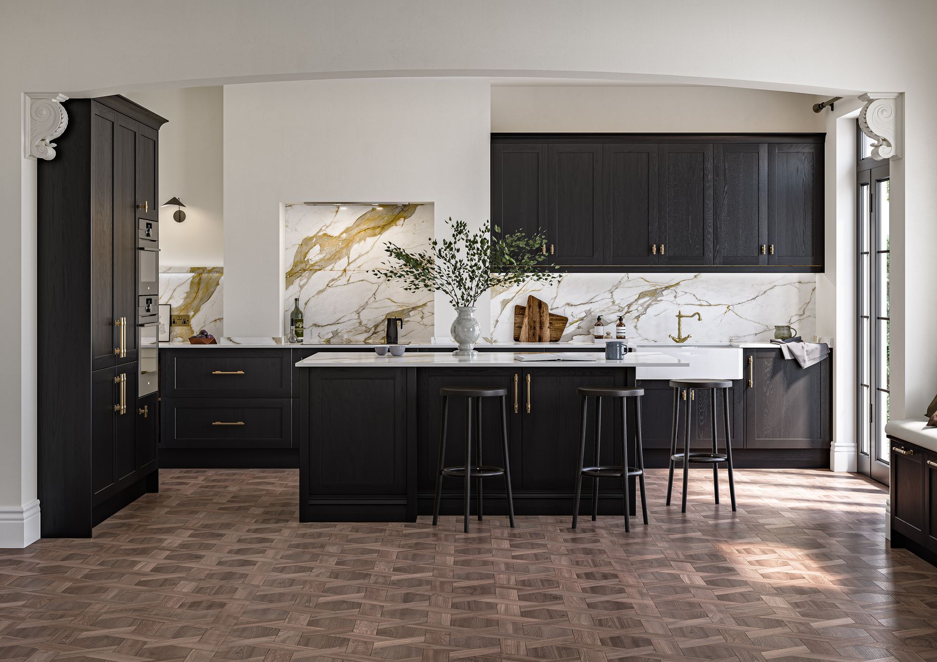 Modern kitchen with dark wood cabinets, a marble backsplash and island, and a patterned brown tiled floor.