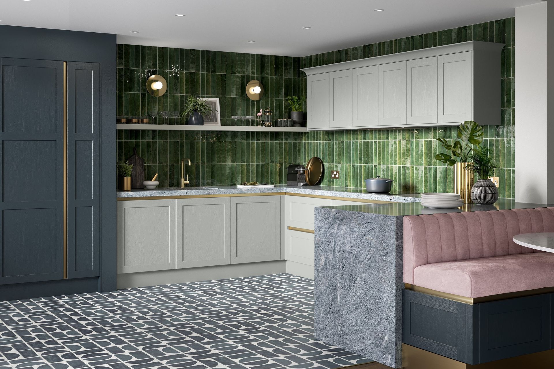 A modern kitchen with dark blue cabinetry, light grey lower cabinets, green tiled backsplash, and a pink velvet bench seat.