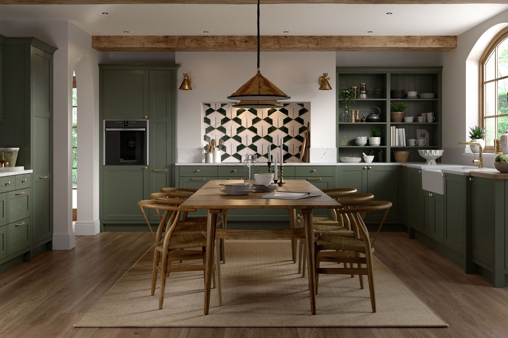 A dining area with a wooden table, chairs, and sage green cabinetry in a bright, modern farmhouse-style kitchen.