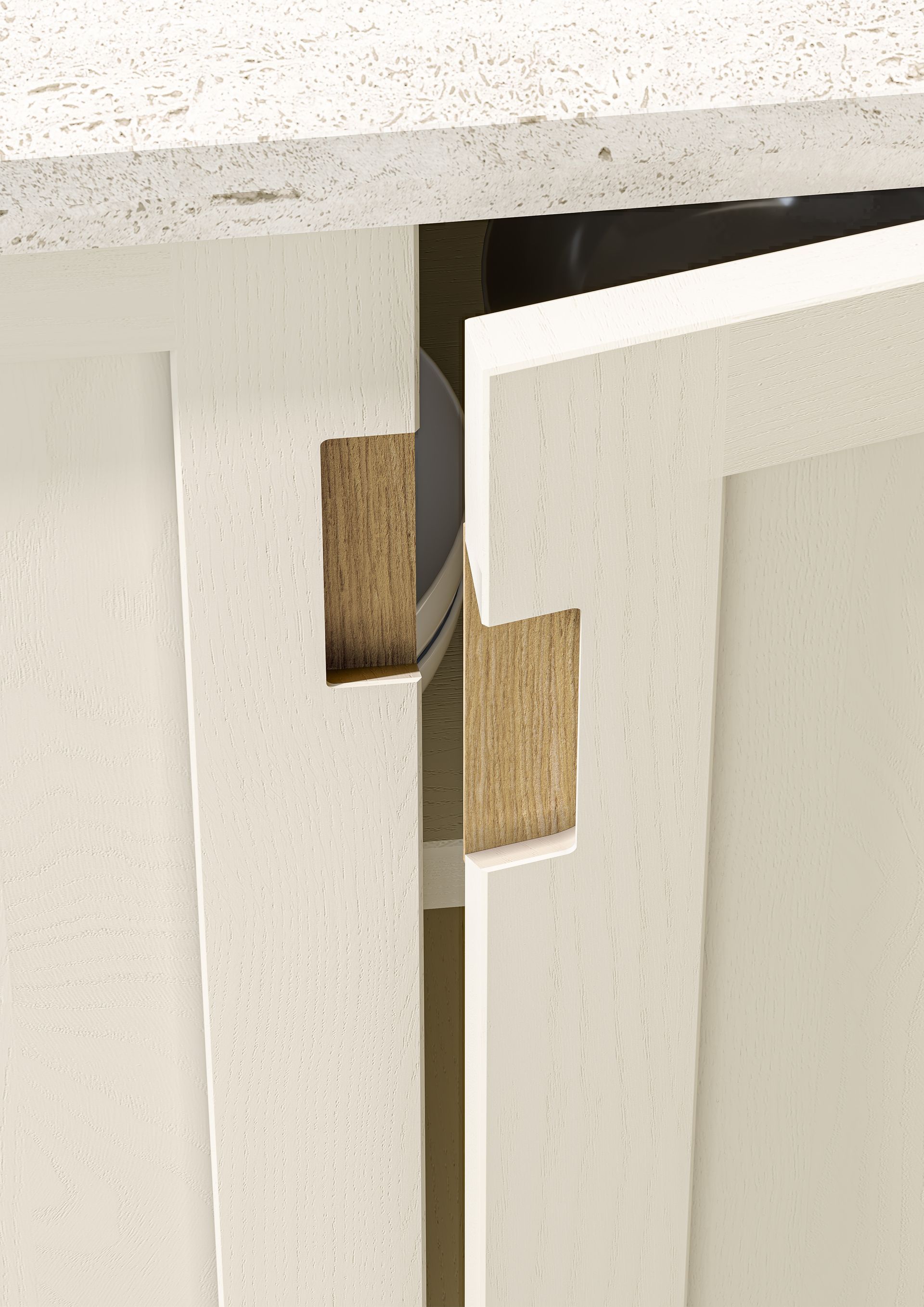 A close-up of a damaged white cabinet door with a large, rectangular piece broken off the edge, revealing raw particleboard.