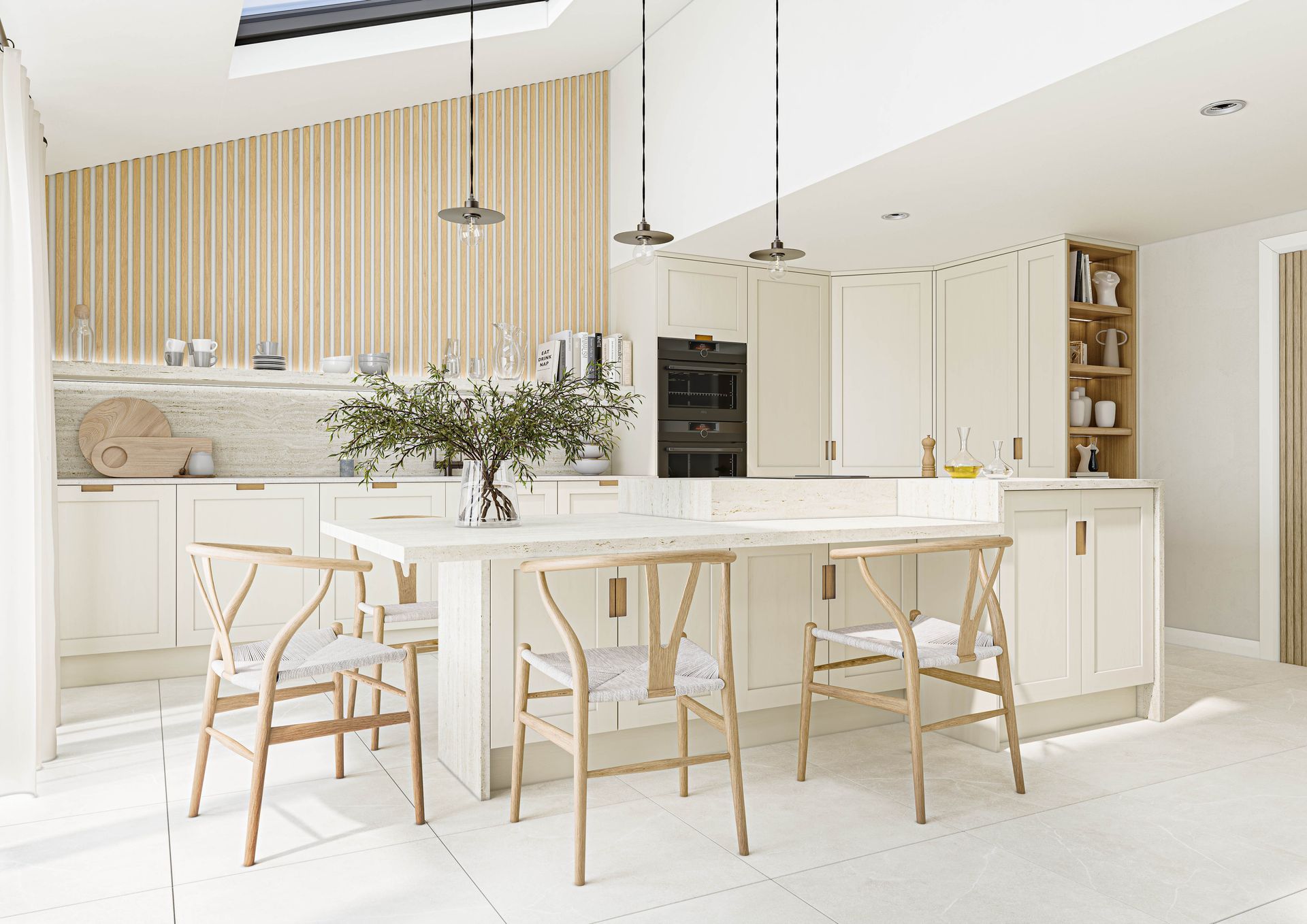 A bright, modern kitchen features light cream cabinetry, a central island with wood chairs, and a slatted wood wall.