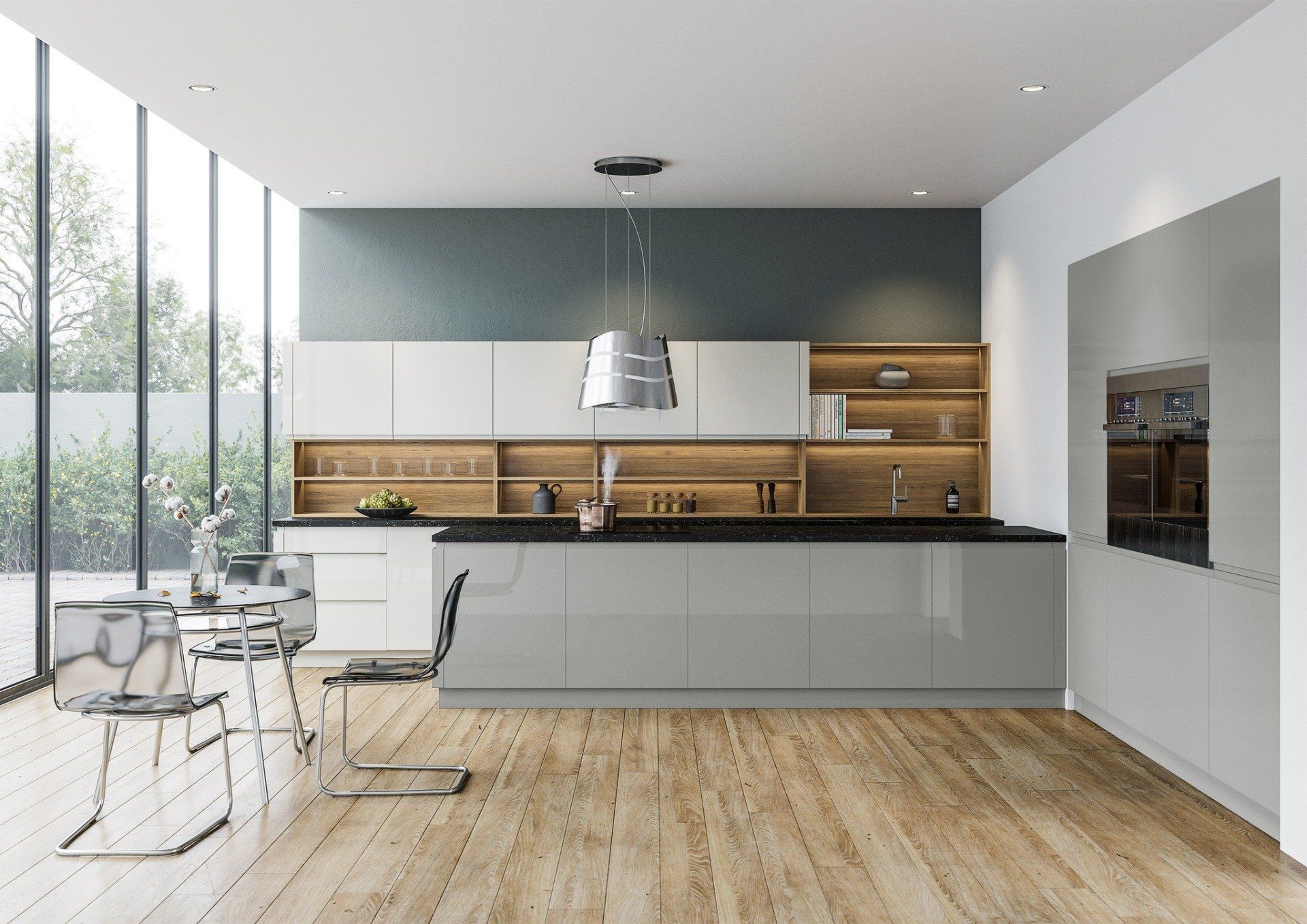 A modern kitchen with light wood floors, grey cabinetry, white upper cabinets, and open shelving against a grey wall.