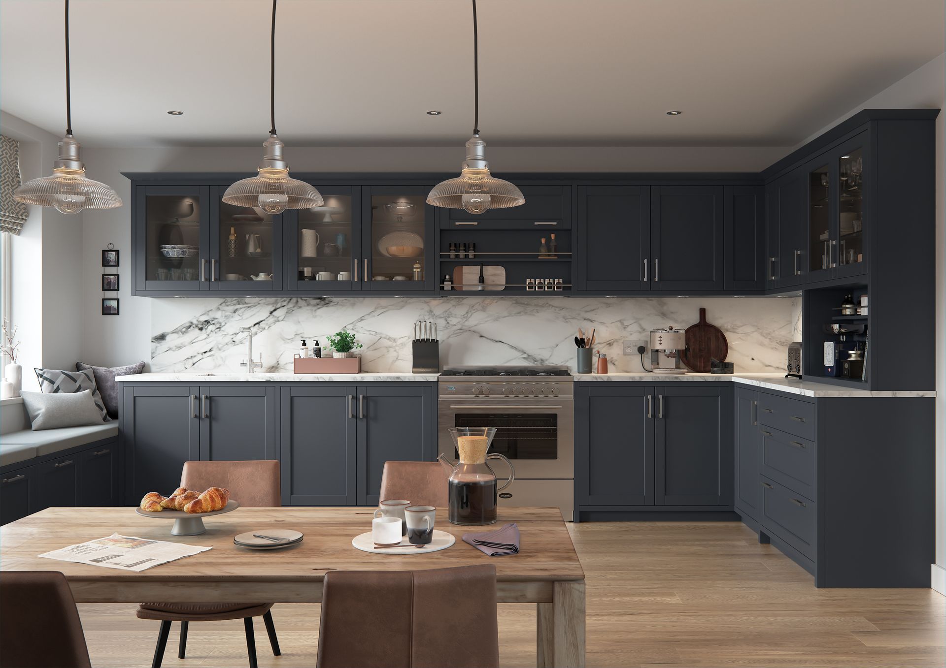 Modern kitchen featuring dark blue cabinets, marble backsplash, stainless steel appliances, and a wooden dining table.