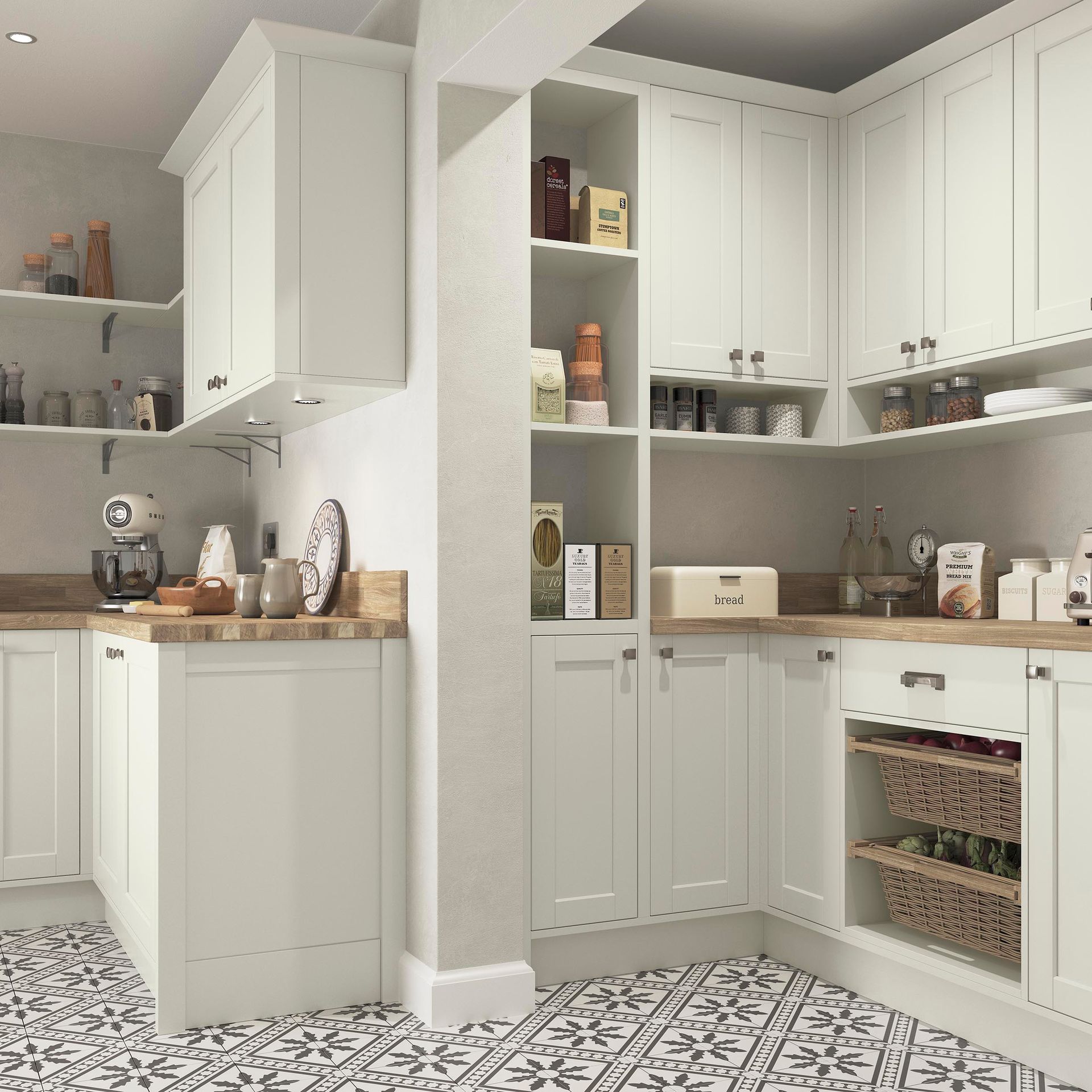 Off-white kitchen cabinets with wooden countertops and woven baskets, featuring patterned black and white floor tiles.