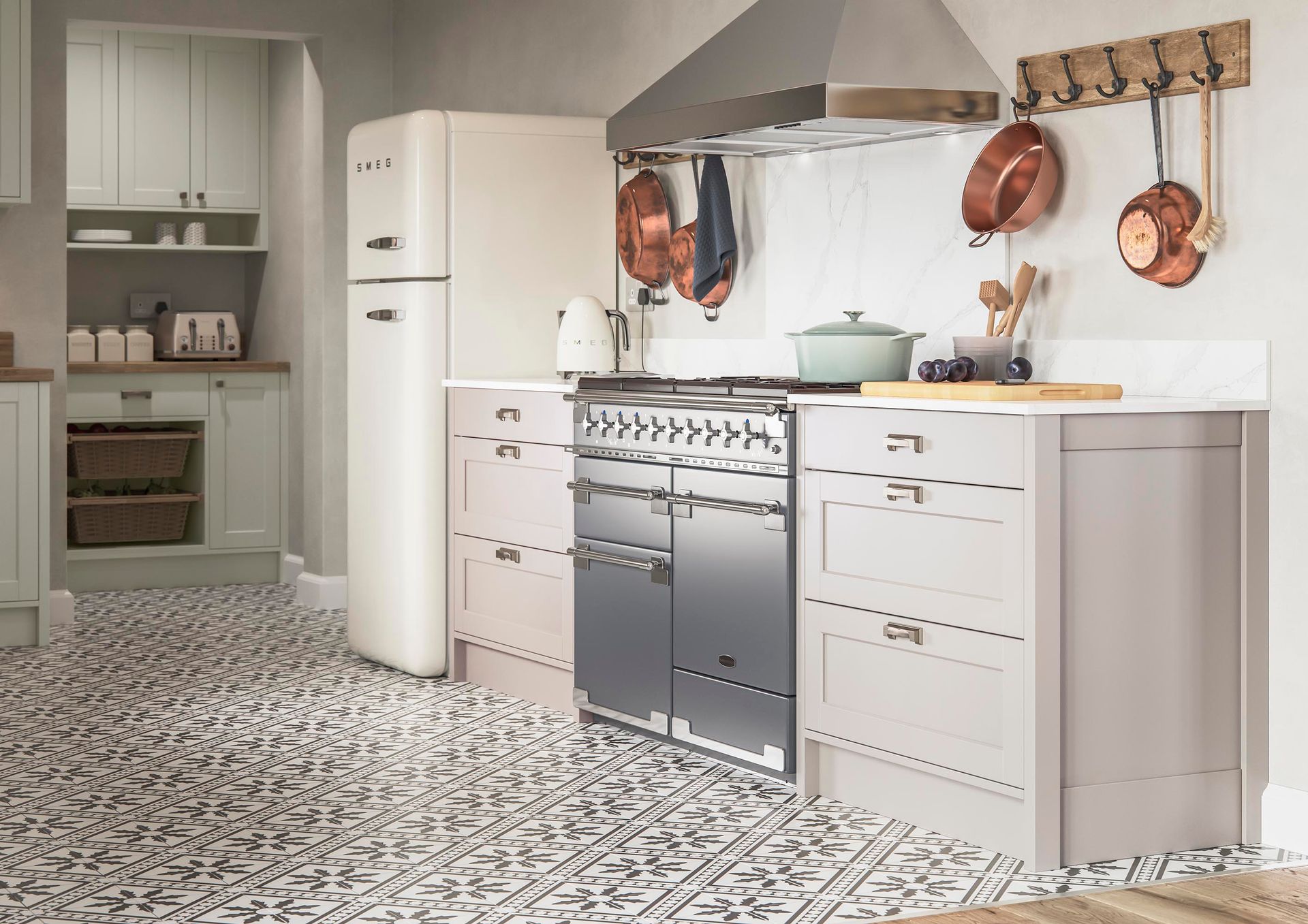 A modern kitchen with off-white cabinetry, a stainless steel range stove, a vintage-style refrigerator, and tiled flooring.