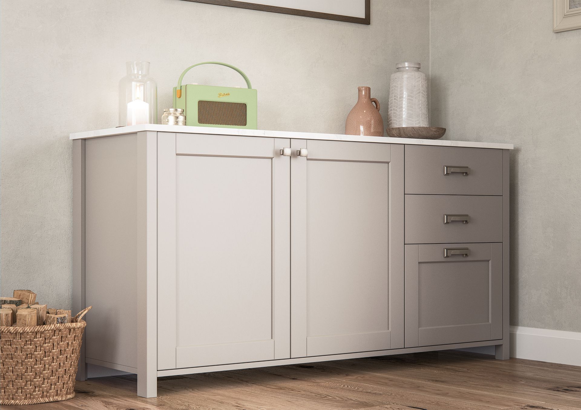 A light gray cabinet with two doors and three drawers sits on a wooden floor, decorated with a vintage radio and vases.