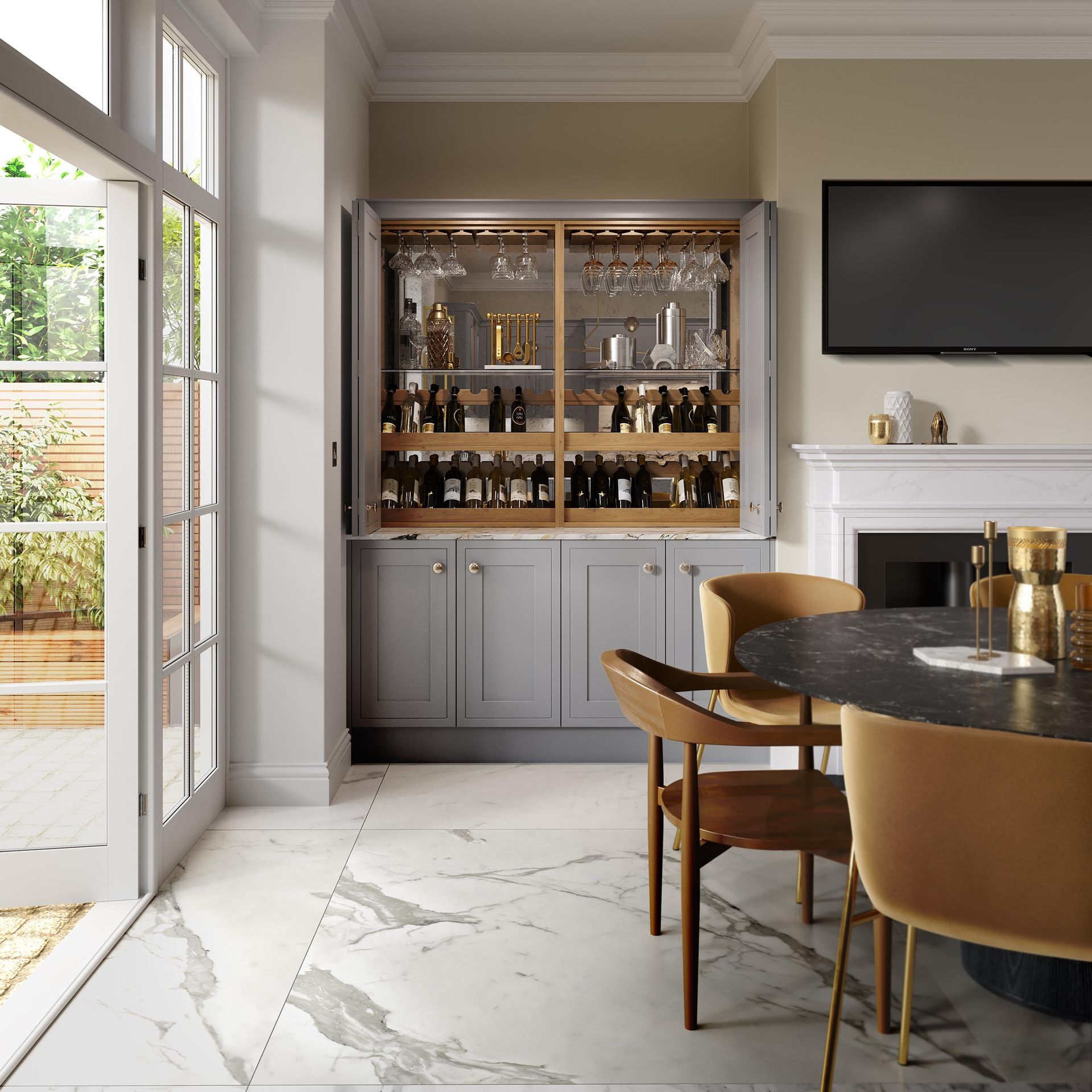 Bright modern dining room with built-in bar cabinet, marble floor, and wall-mounted TV
