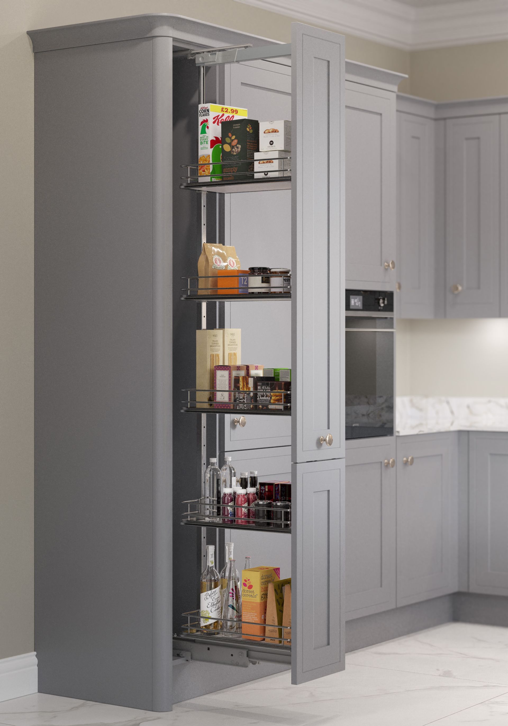 A tall, grey kitchen larder unit with a pull-out wire shelving system filled with pantry items.
