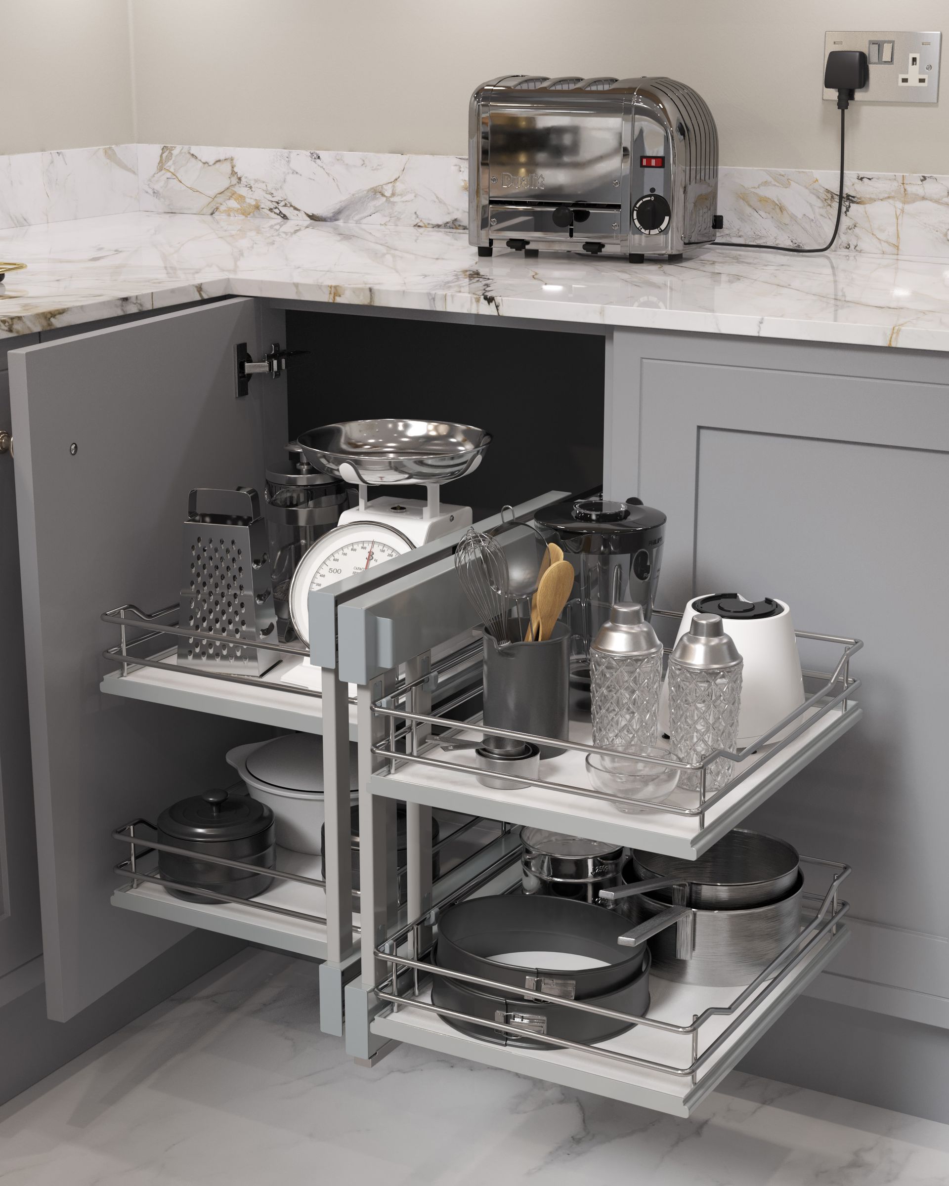 A gray kitchen corner cabinet with a pull-out shelf system holding kitchenware, featuring a toaster on the countertop.