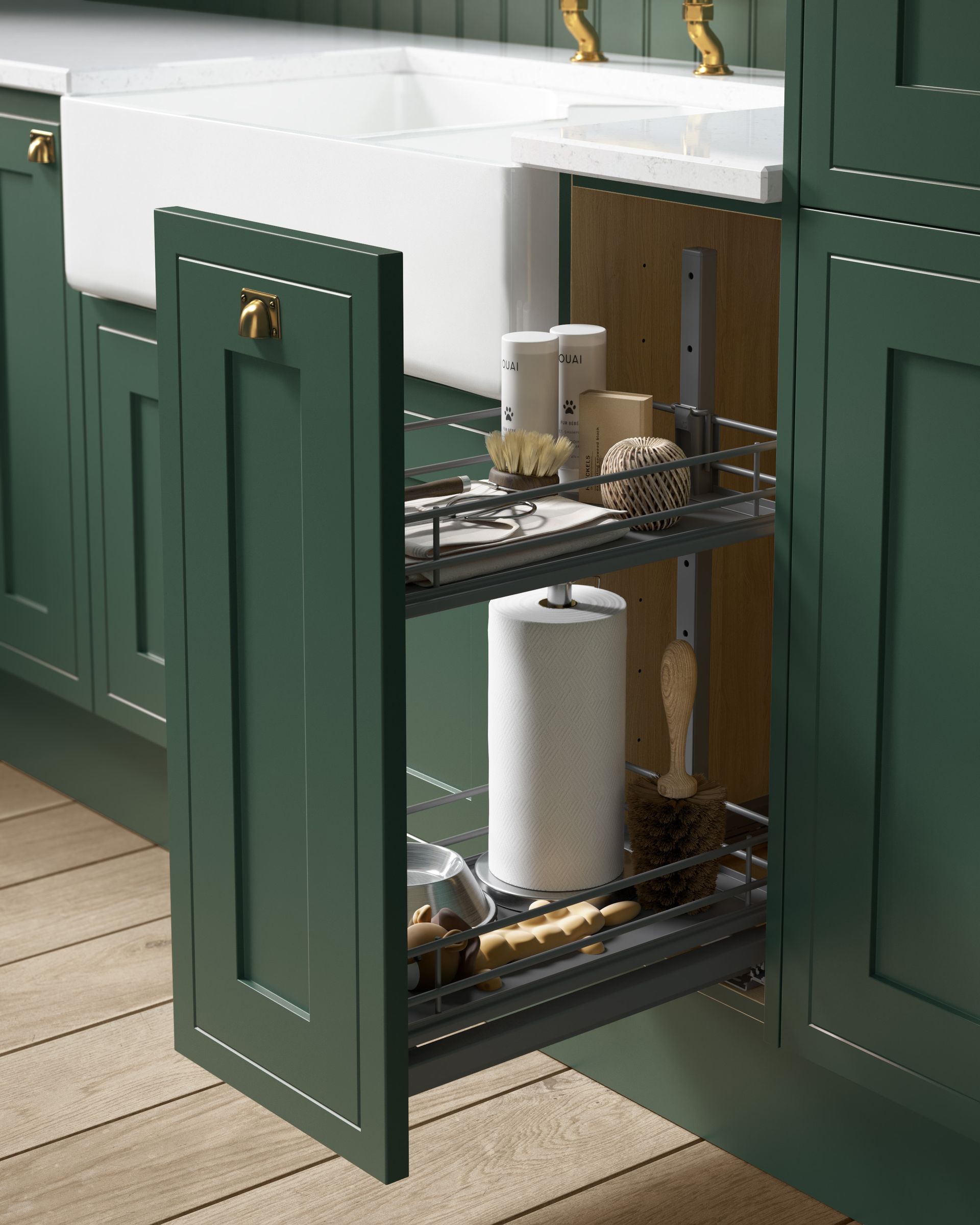 Open kitchen cabinet with pull-out shelves holding paper towels and kitchen items