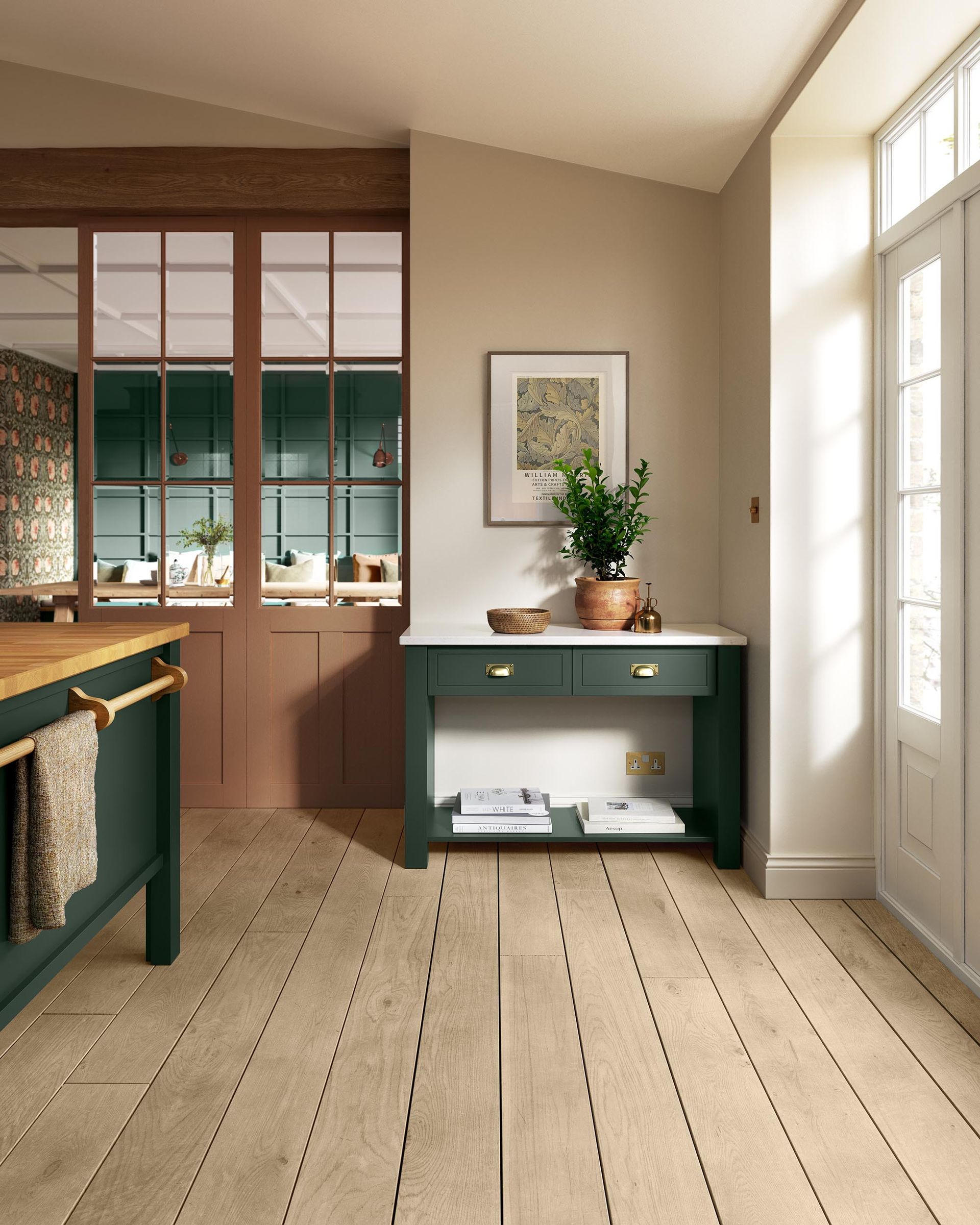 Bright room with green cabinet, wooden floor, plants, and a large windowed door