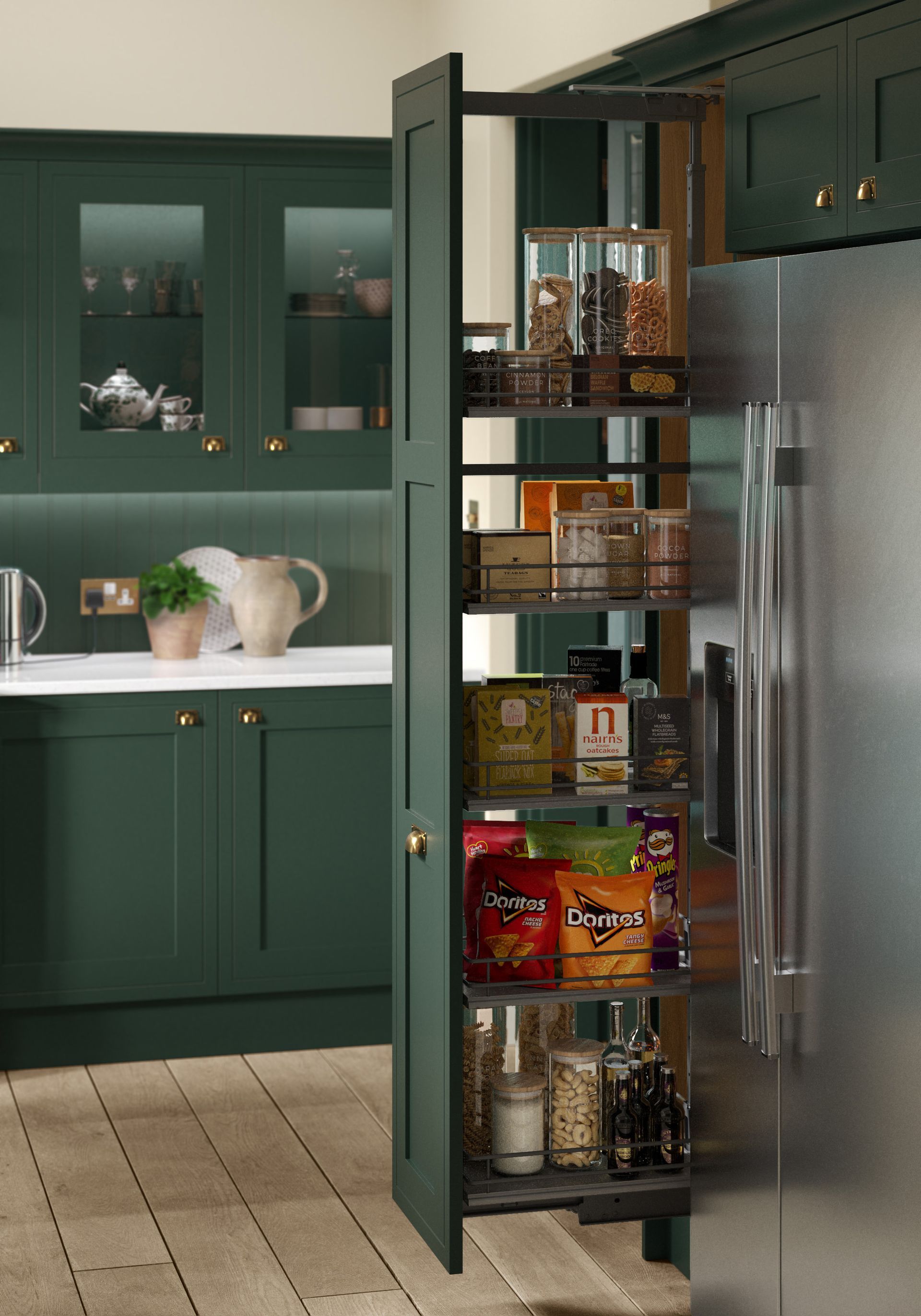 A dark green, narrow pull-out pantry cabinet open next to a refrigerator in a kitchen with matching green cabinetry.