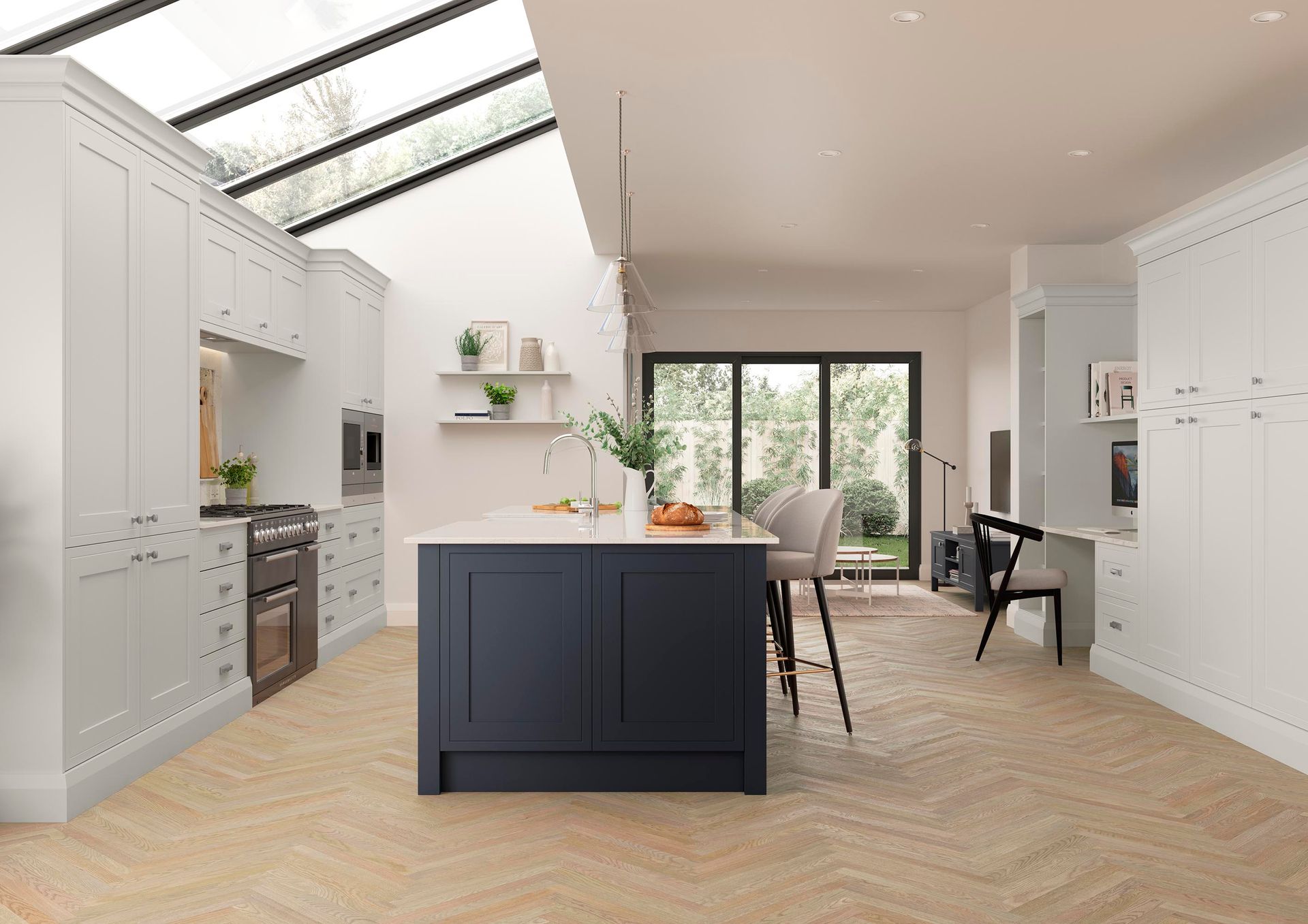 Bright modern kitchen with navy island, white cabinetry, skylights, and dining area by glass doors