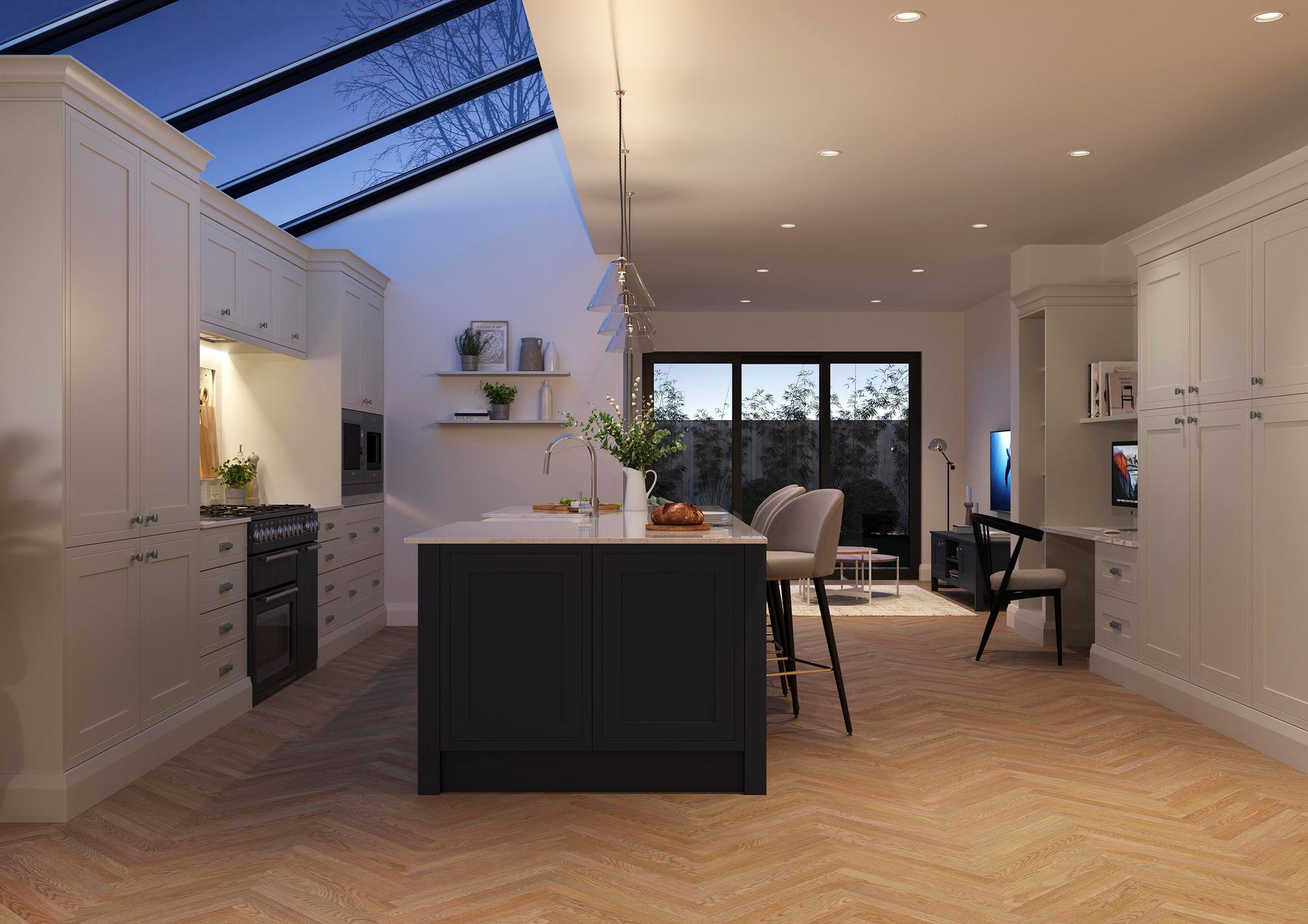 Modern kitchen with skylight, central island, and dining area opening to a patio door