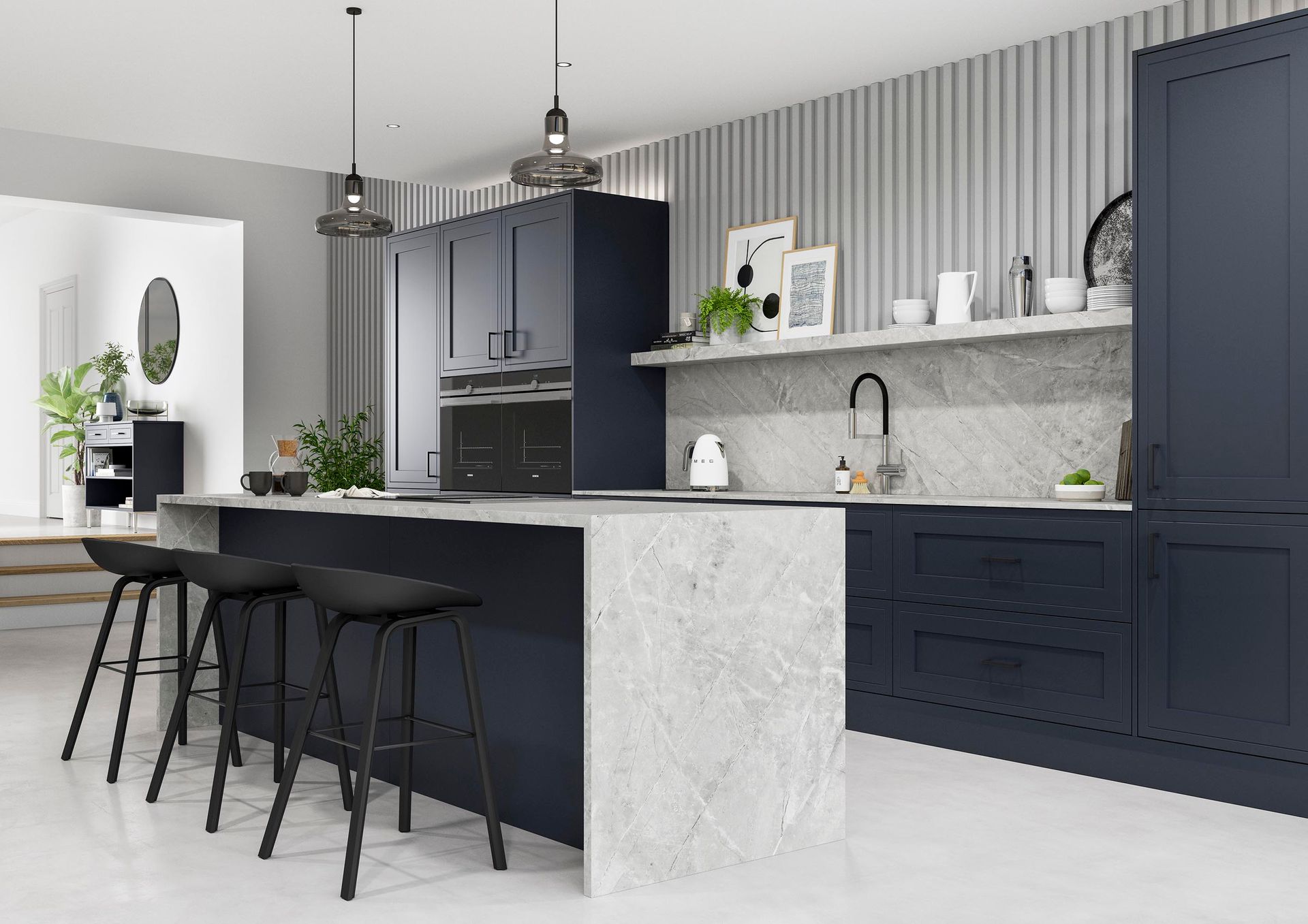 Modern kitchen with a dark blue island and cabinetry, white marble countertops, three black bar stools, and grey walls.