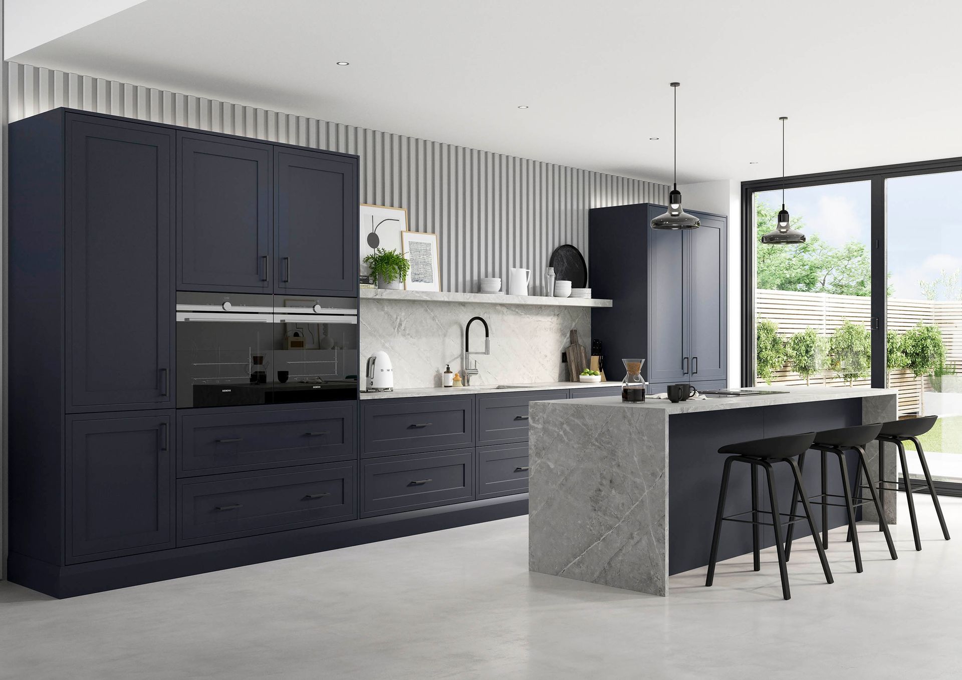 Modern kitchen featuring dark blue cabinets, a grey stone island with bar stools, and a slatted accent wall.