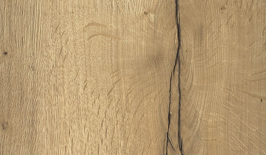 A close-up of light-brown wooden planks showing natural grain, textured surface patterns, and a vertical central crack.