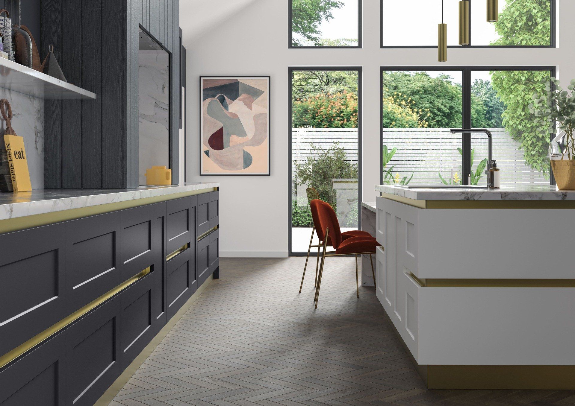 A modern kitchen features dark cabinets on the left, a white island on the right, and a rust-colored chair by a tall window.