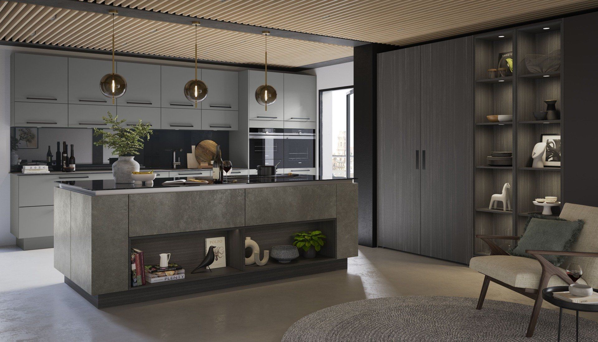 A modern kitchen with a gray island, matching cabinetry, integrated appliances, and an adjacent seating area with shelving.