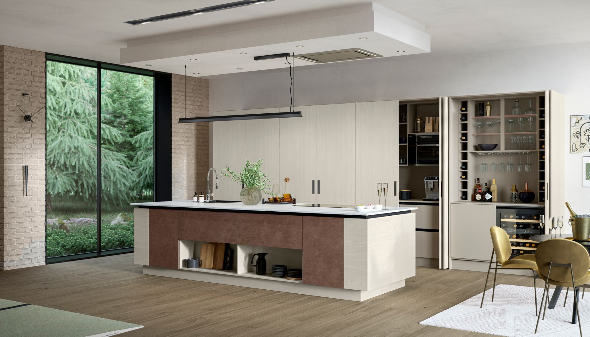 A modern kitchen with a two-toned island, floor-to-ceiling cream cabinets, and a bar area, overlooking a wooded view.
