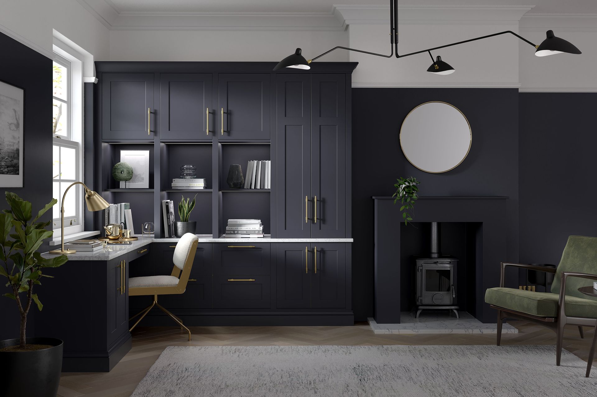 Dark-toned home office featuring built-in charcoal cabinetry, a matching desk area, a fireplace, and a green accent chair.