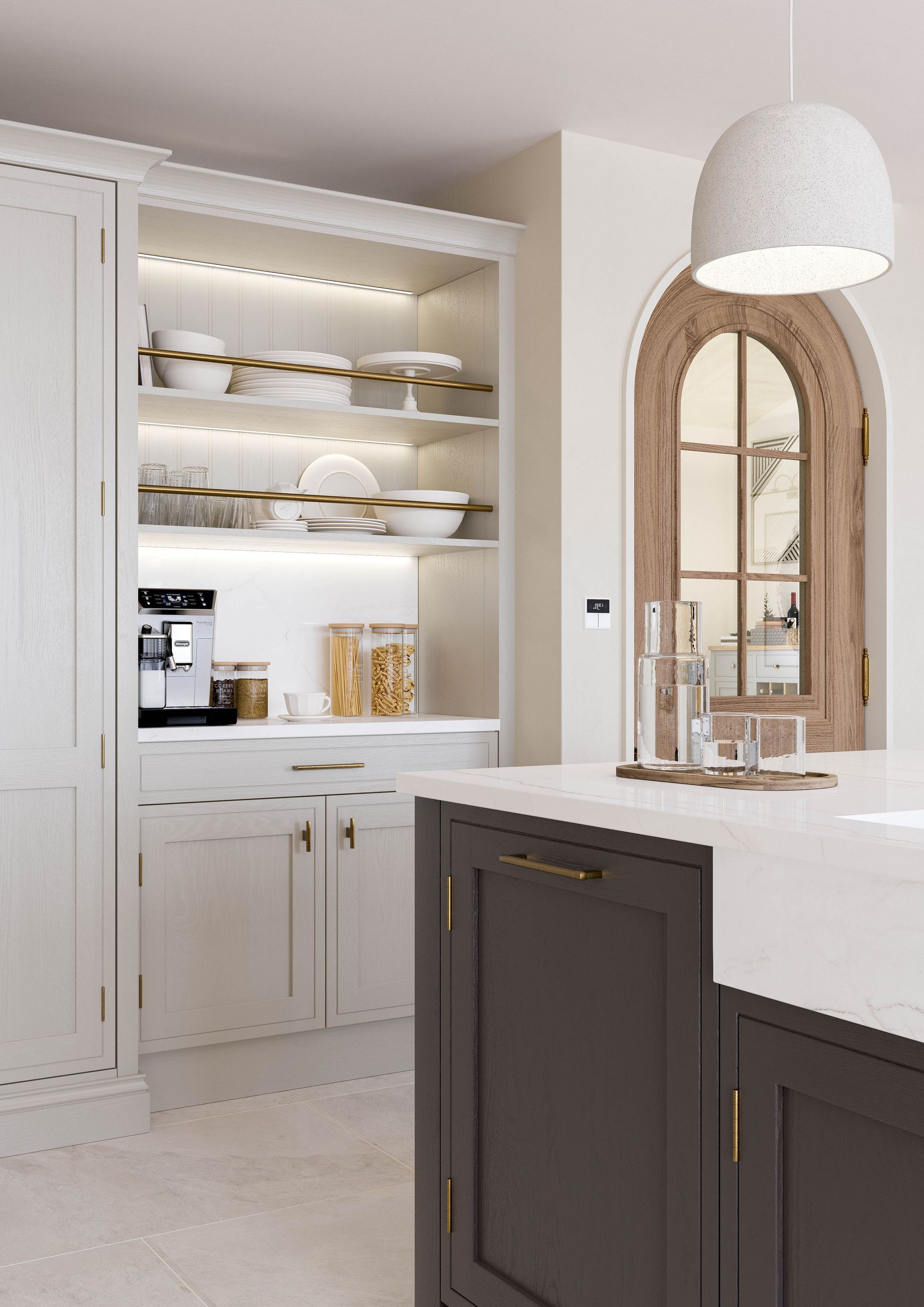 Modern kitchen interior featuring white cabinetry, a coffee station, a dark gray island, and a decorative arched door.