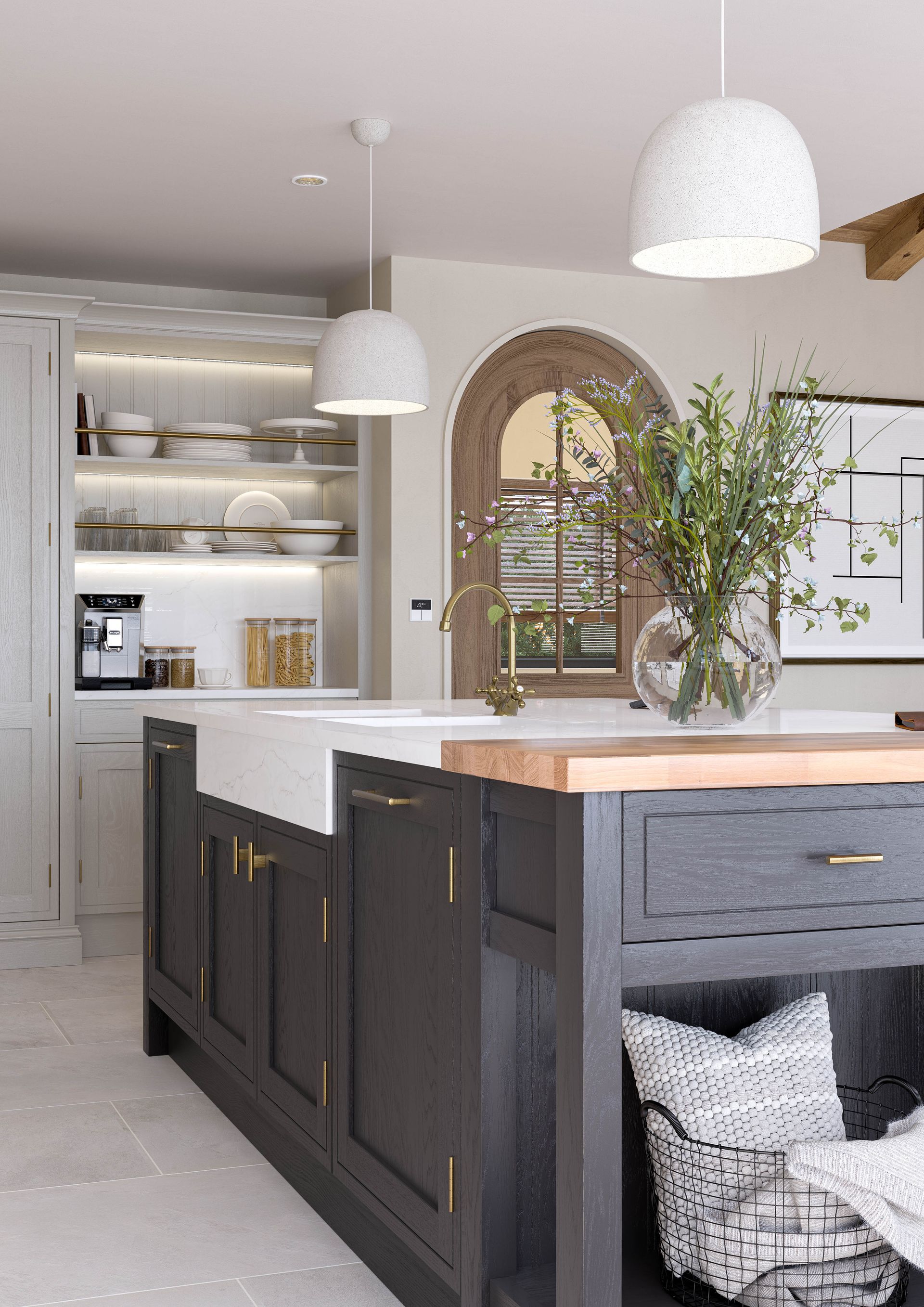 A kitchen island with dark gray cabinetry and a light wood countertop, featuring a white sink and hanging pendant lights.
