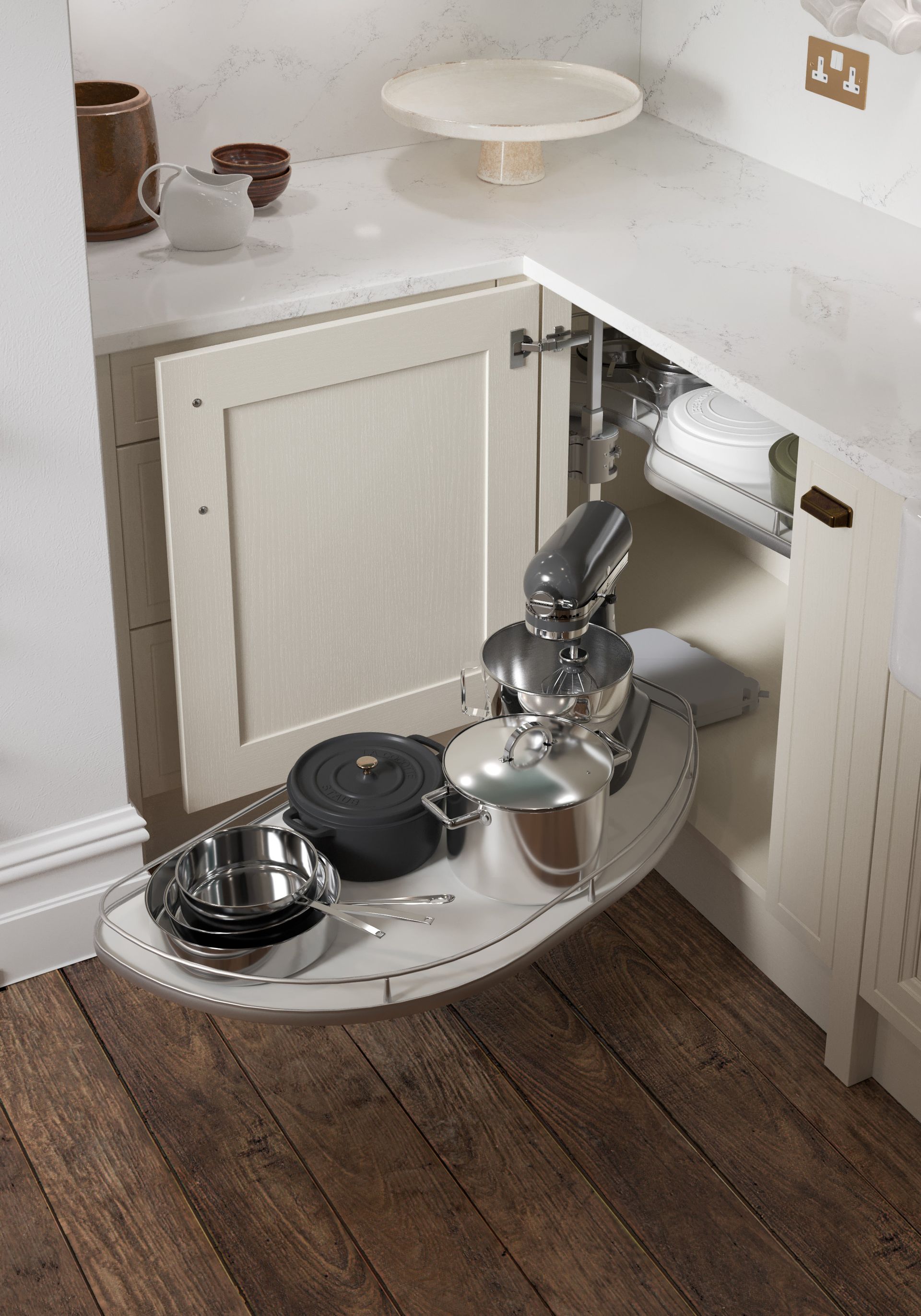 A kitchen corner cabinet featuring a pull-out shelf stocked with a stand mixer, pots, and pans.