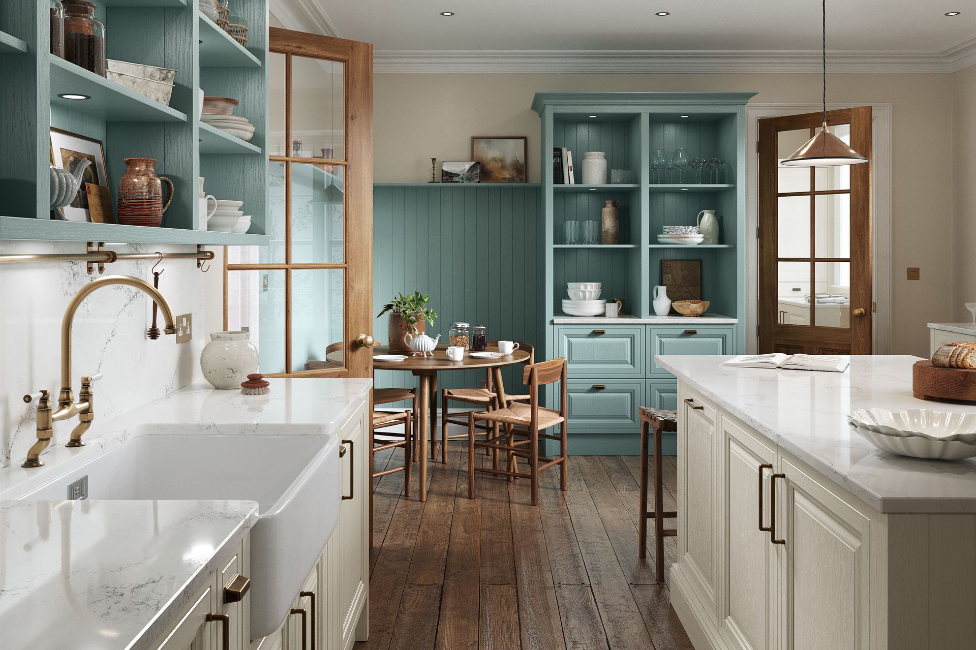 A kitchen with white countertops and cabinets, a blue hutch, and a small dining area with wooden chairs and a table.