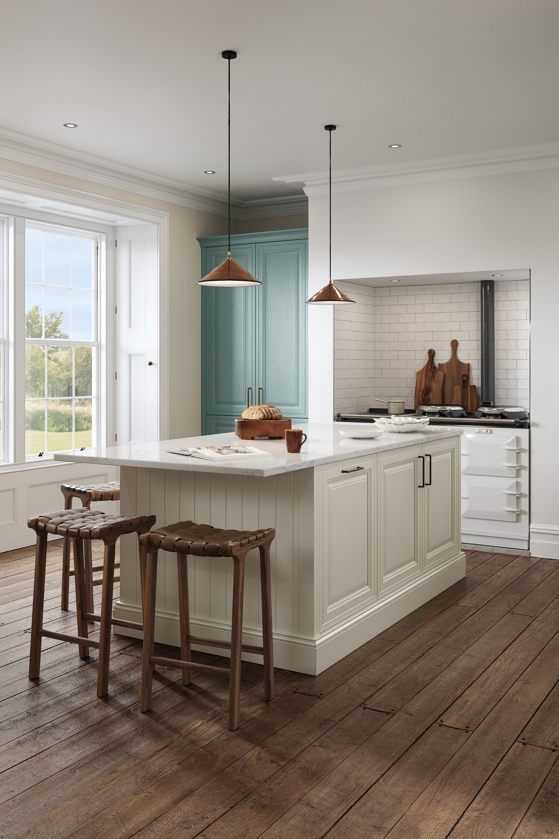 A kitchen island with two wooden stools, light cabinets, and two pendant lights in a rustic, modern kitchen.