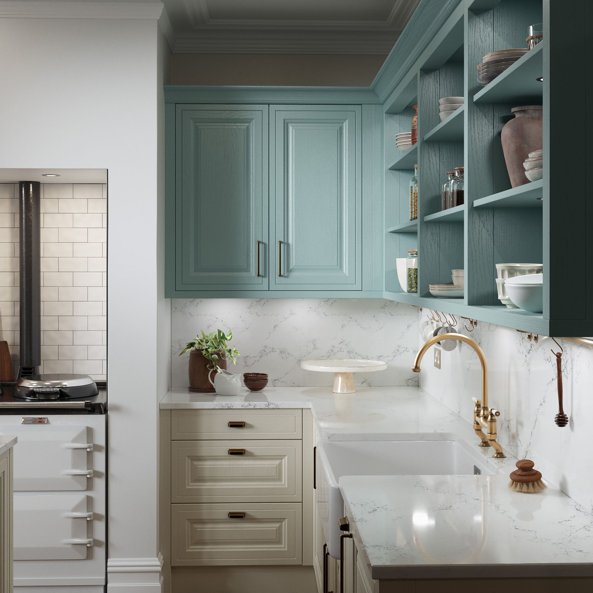 A kitchen with blue cabinets, open shelving, a white marble countertop, a farmhouse sink, and a white stove.