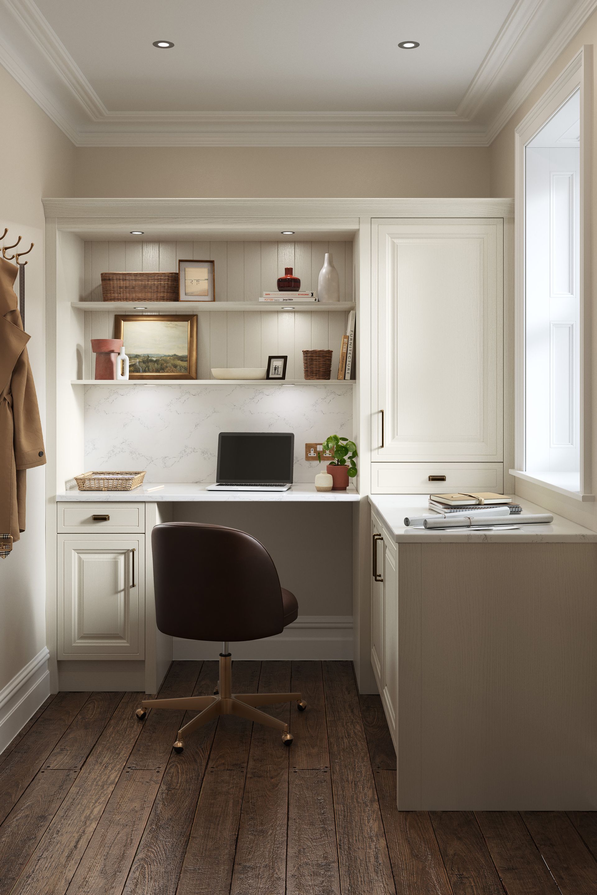 A cozy, light-colored home office nook with a built-in desk, shelving, a dark swivel chair, and hardwood floors.