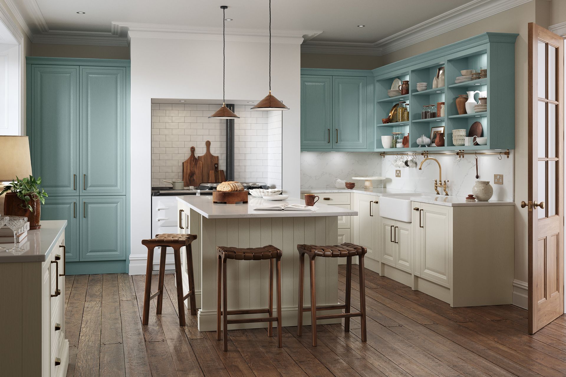 A modern farmhouse kitchen with teal cabinets, a central island with three stools, and a white tiled backsplash.
