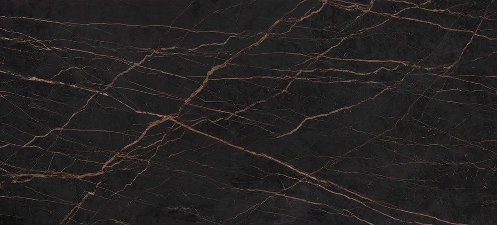 Black marble stone with thin, branching gold veins creating an intricate web-like pattern.