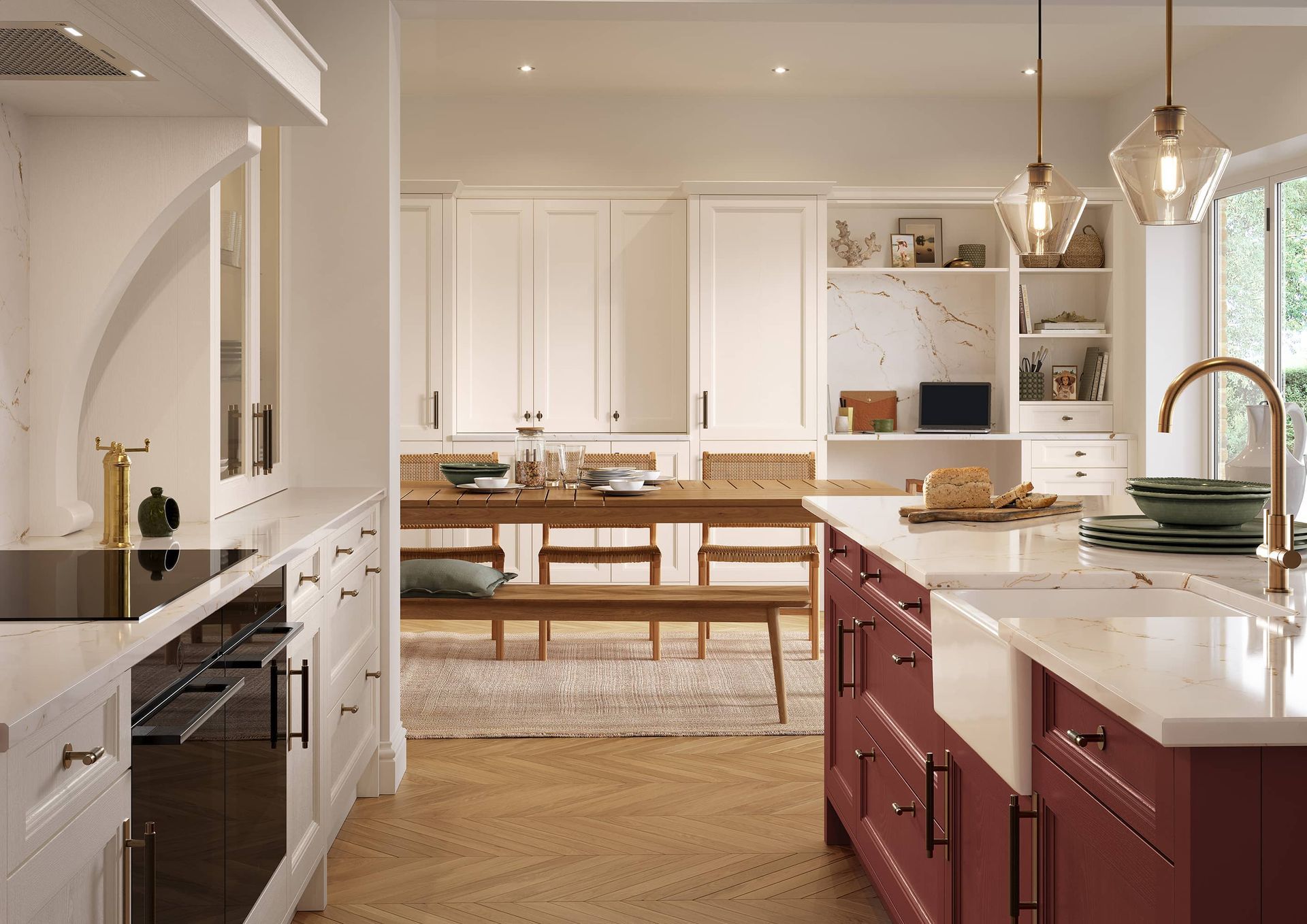 Bright kitchen with white cabinets, burgundy island, wooden table, and pendant lights