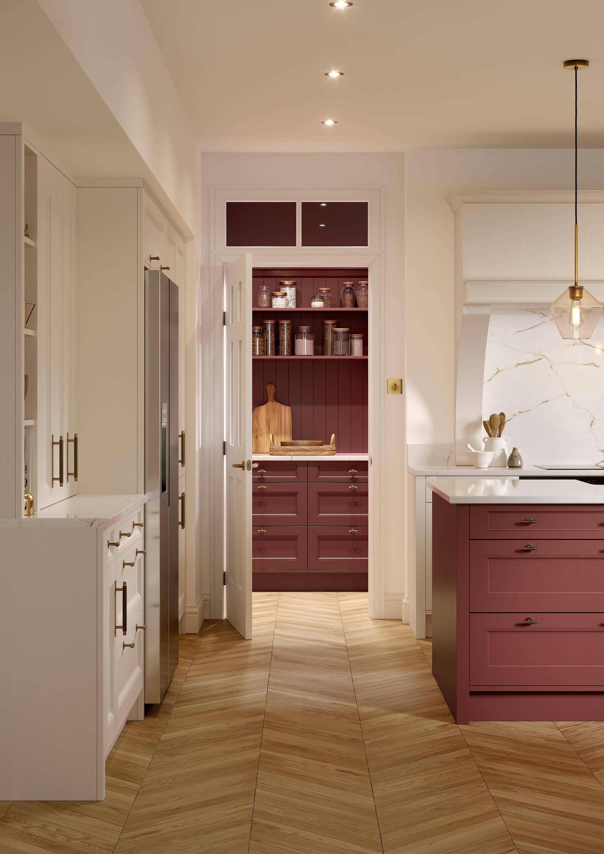 Bright kitchen with burgundy cabinets, white walls, brass accents, and herringbone wood flooring.