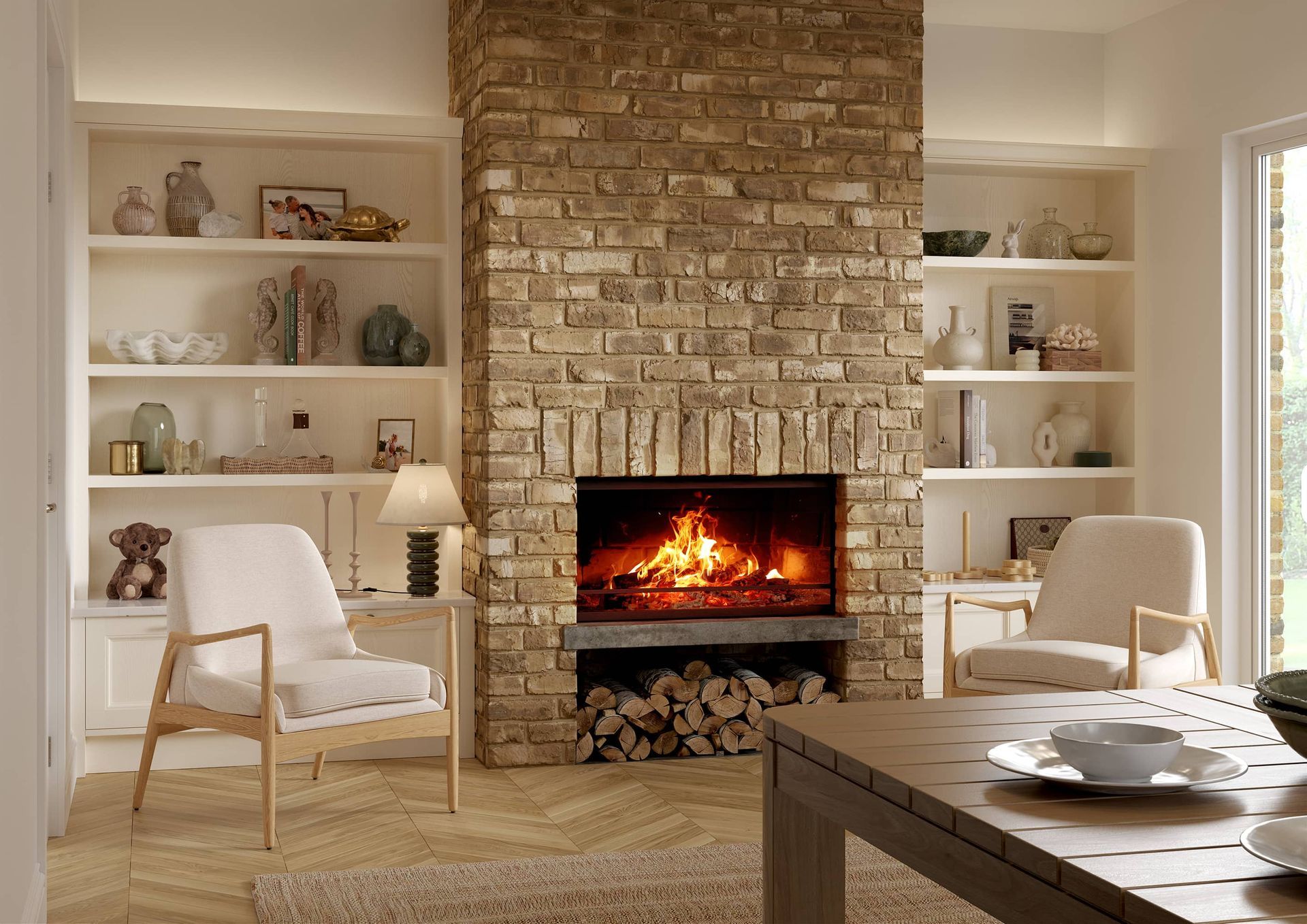 Cozy living room with a stone fireplace, white chairs, built-in shelves, and a fire burning