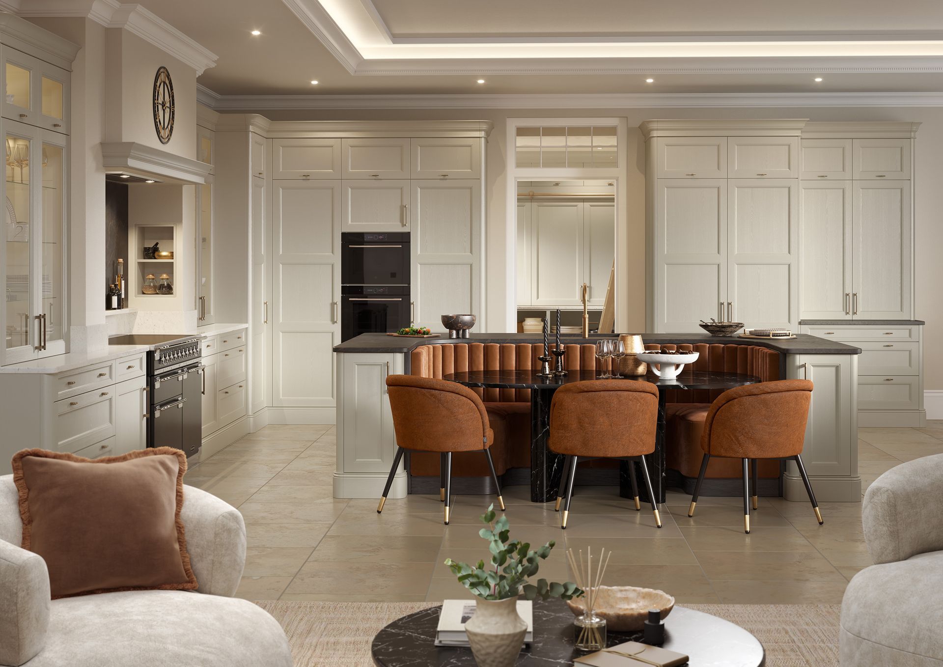 Bright, elegant kitchen with white cabinetry, dark island, and brown barstools in an open living space