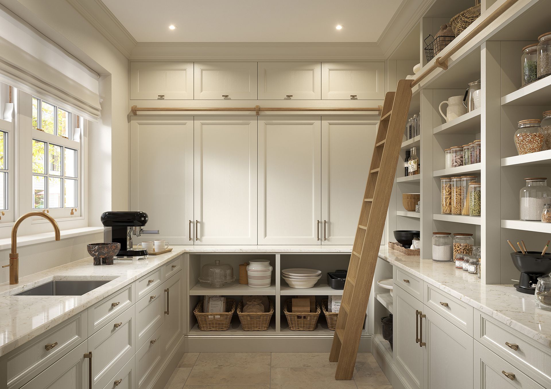 Bright white walk-in pantry with shelves, cabinets, countertop, and a wooden ladder.