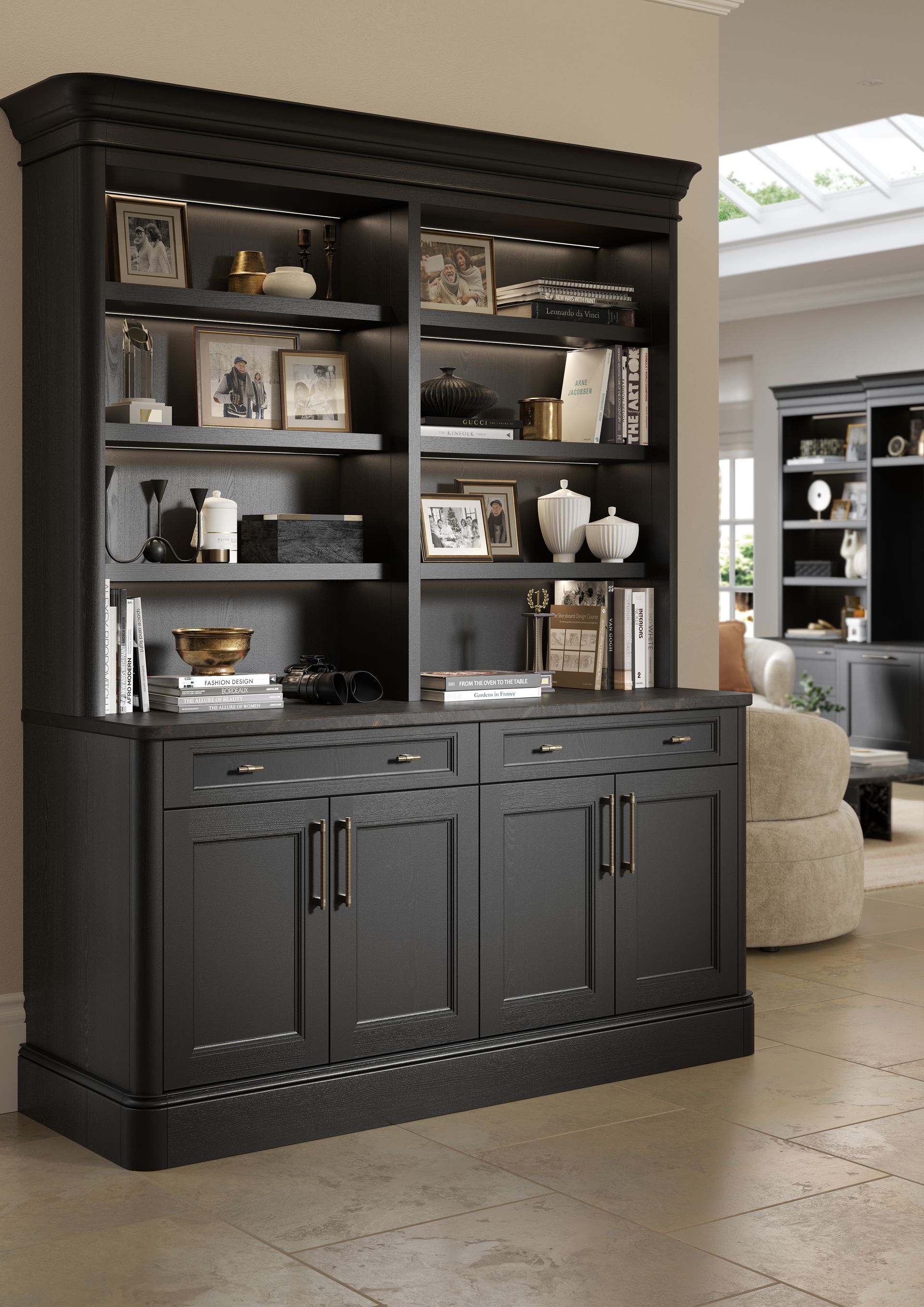 Black display cabinet with shelves and drawers in a bright living room