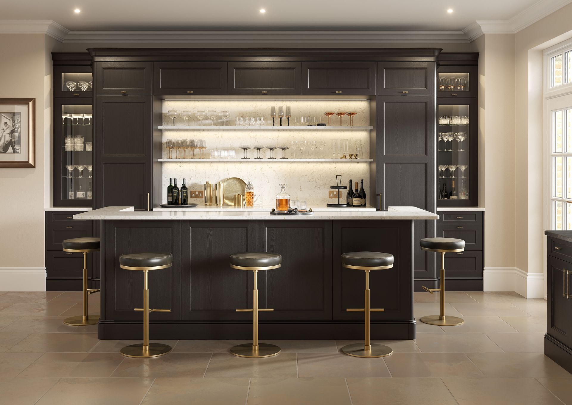 Elegant dark wood home bar with four stools, white countertop, and backlit shelves in a modern room