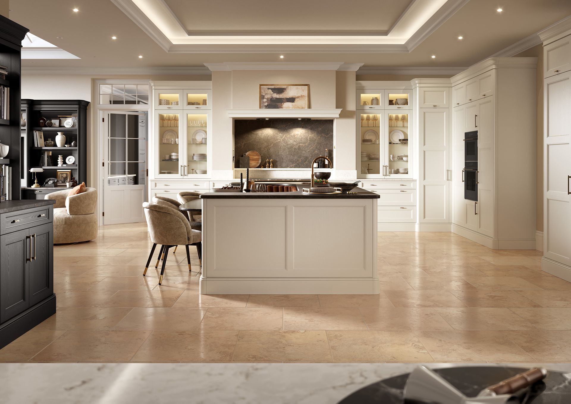 Bright luxury kitchen with white cabinets, large island, recessed lighting, and beige stone floor