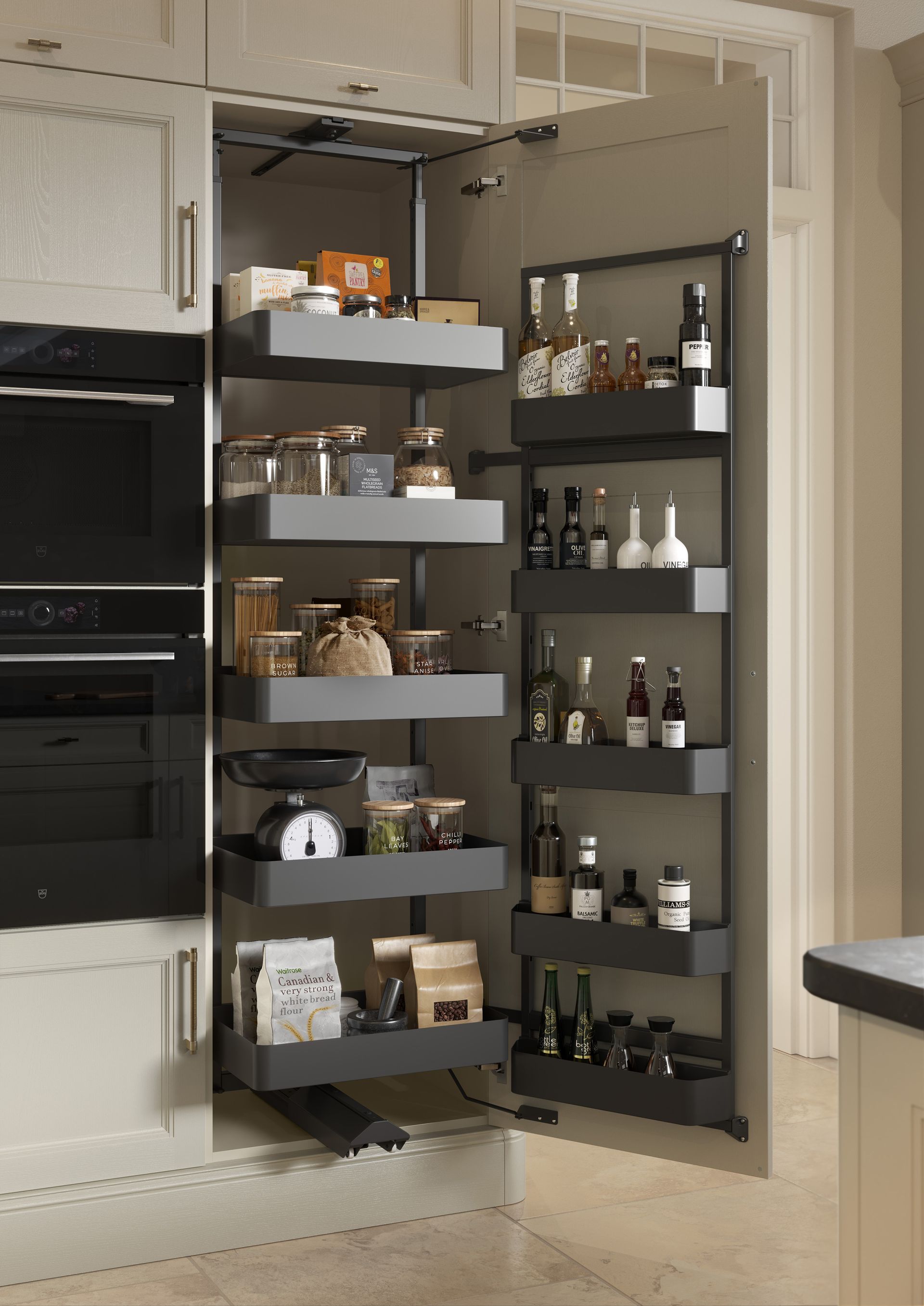 Pull-out kitchen pantry cabinet with shelves of jars, bottles, and dishes stocked inside
