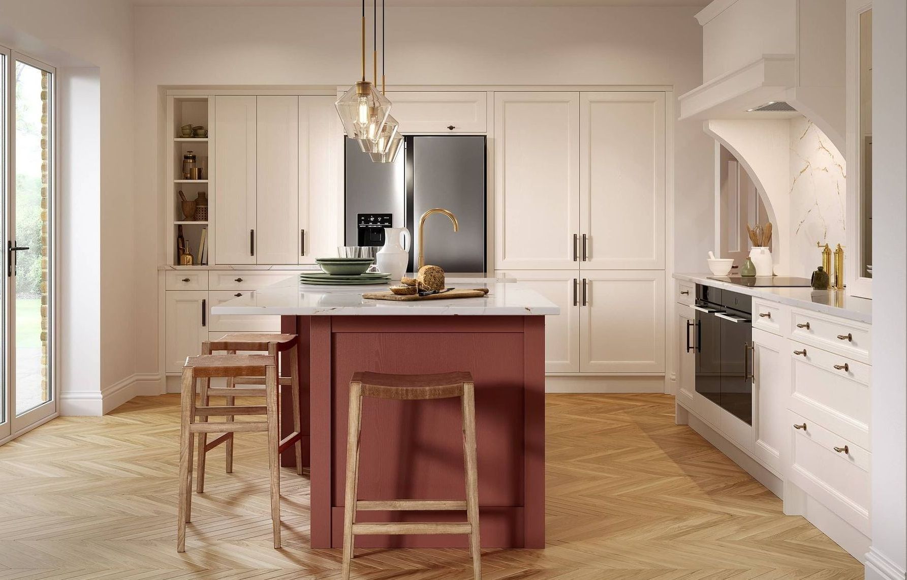 Bright, modern kitchen with white cabinetry, red island, and two wooden stools under a chandelier