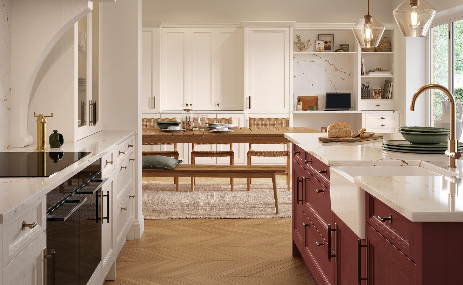 Bright modern kitchen with white cabinets, burgundy island, wooden table, and woven rug