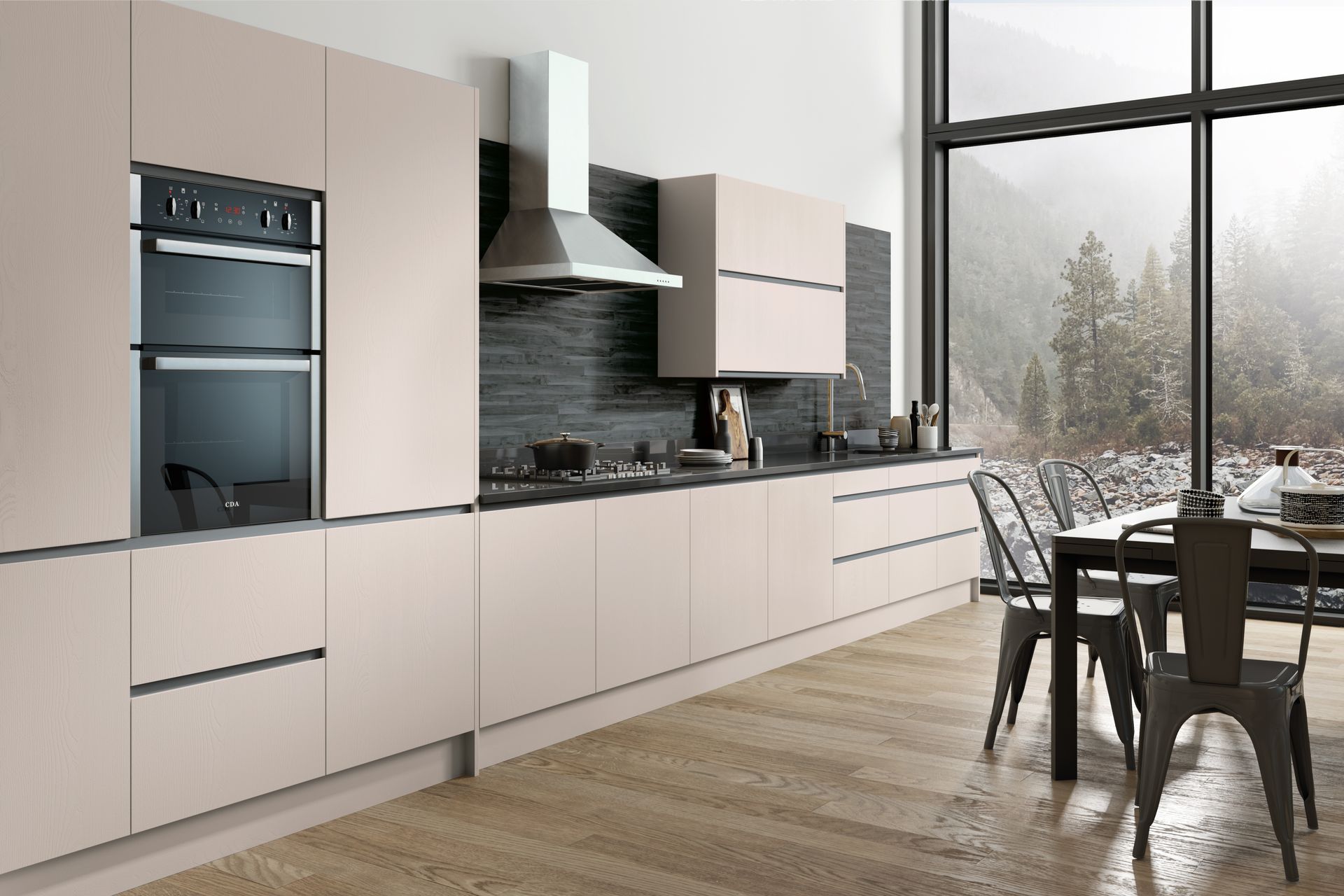 A modern kitchen with matte beige cabinets, dark stone backsplash, stainless steel appliances, and a dining area.