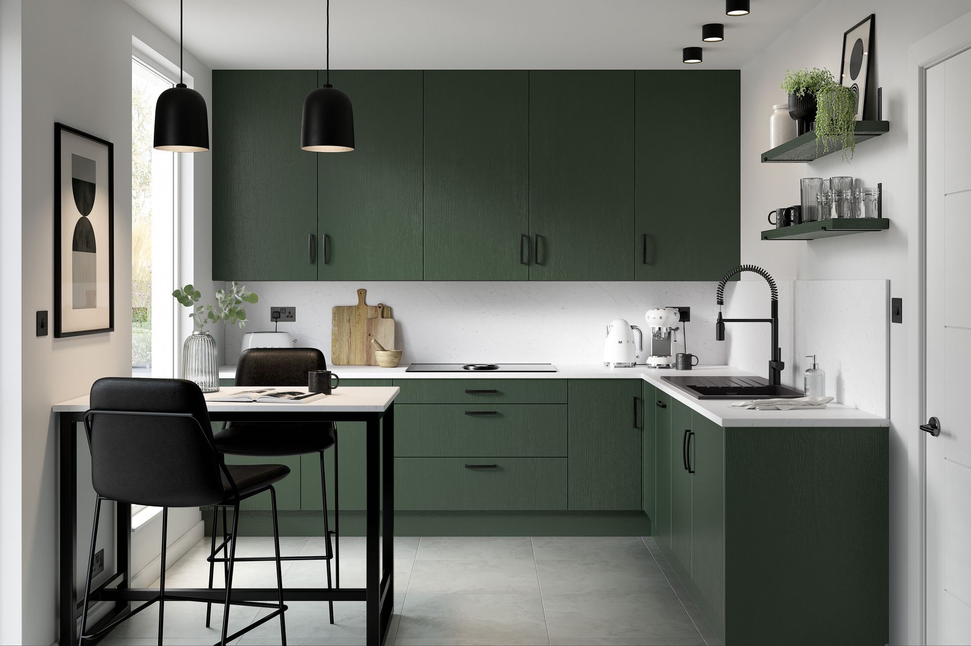 Modern kitchen with forest green cabinets, white countertops, black bar stools, and pendant lights.