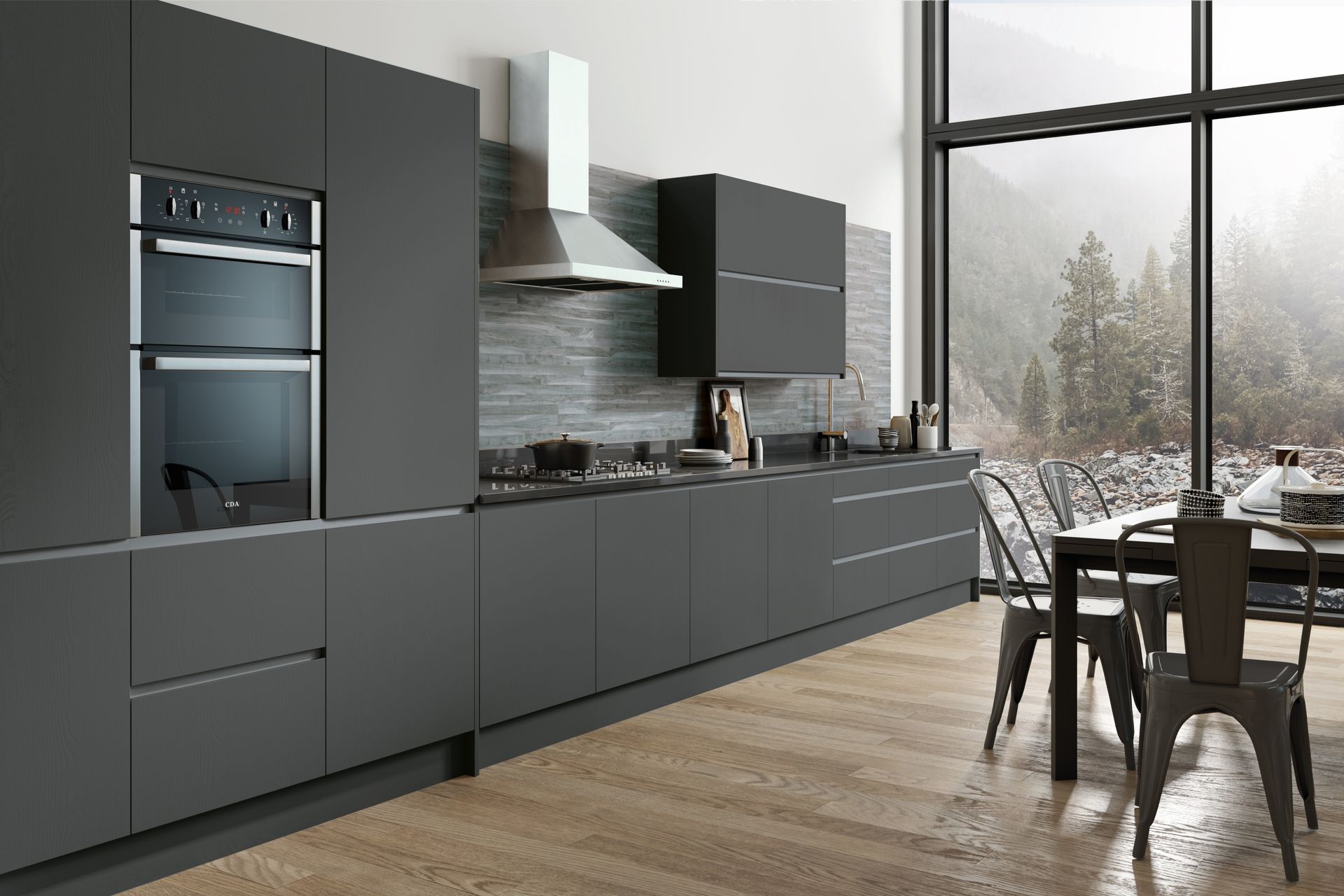 A modern, matte dark gray kitchen with stainless steel appliances, a tiled backsplash, and a dining area by a large window.
